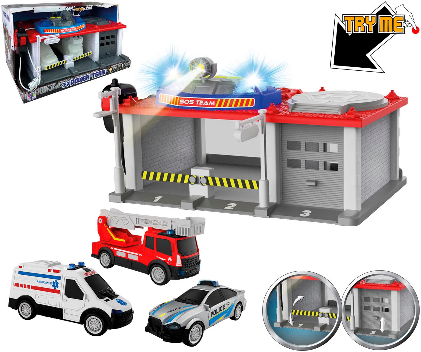 Happy People Spiel-Parkgarage »SOS Station«, inkl. 3 Fahrzeuge; mit Licht- und Soundeffekten