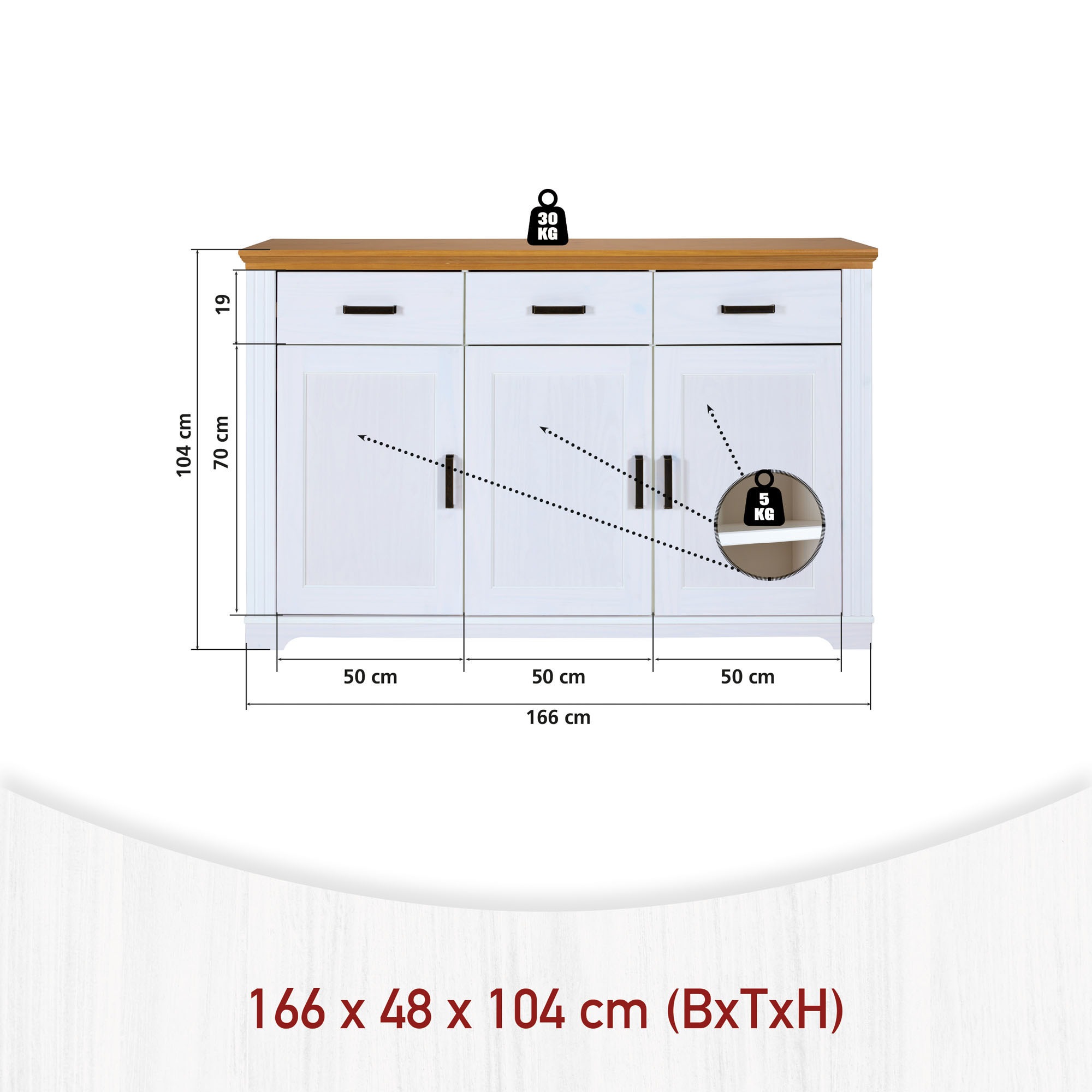 Inter Link Sideboard »Sideboard Maluno« 1 Stk. tlg. Kiefer Massiv, Soft-Close, Stauraum, BxTxH: ca. 166,4 x 48,3 x 104 cm