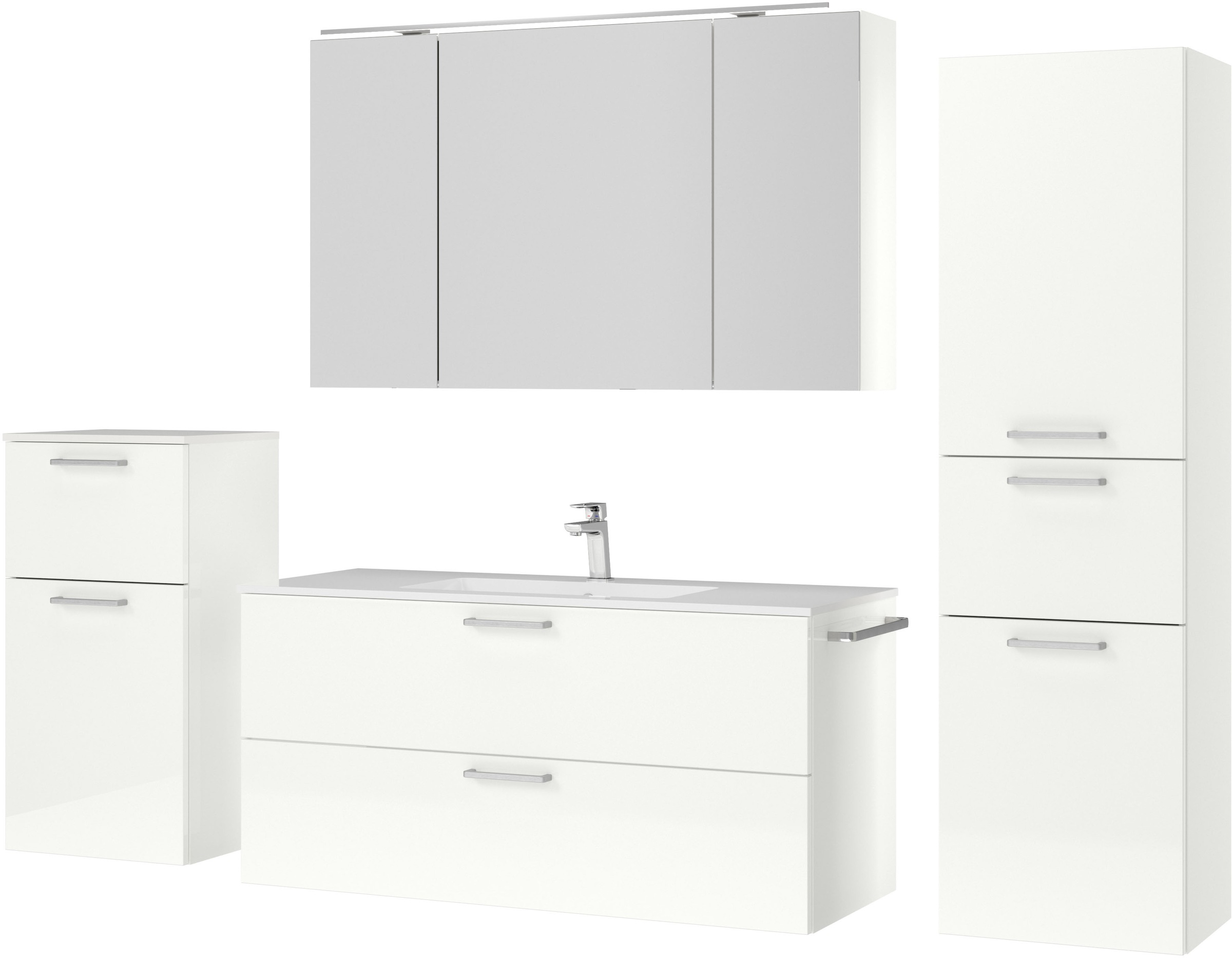 nobilia® Badmöbel-Set »Tolvina«, (4 St., vormontiert, mit Soft-Close), inkl. Spiegelschrank mit Beleuchtung und Dimmerfunktion, in 4 Breiten
