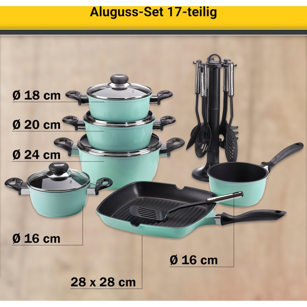 Krüger Topf-Set, Aluminiumguss, (Set, 17 tlg., Fleischtopf 16/18/20/24 cm, Stieltopf 16 cm, Steakpfanne)