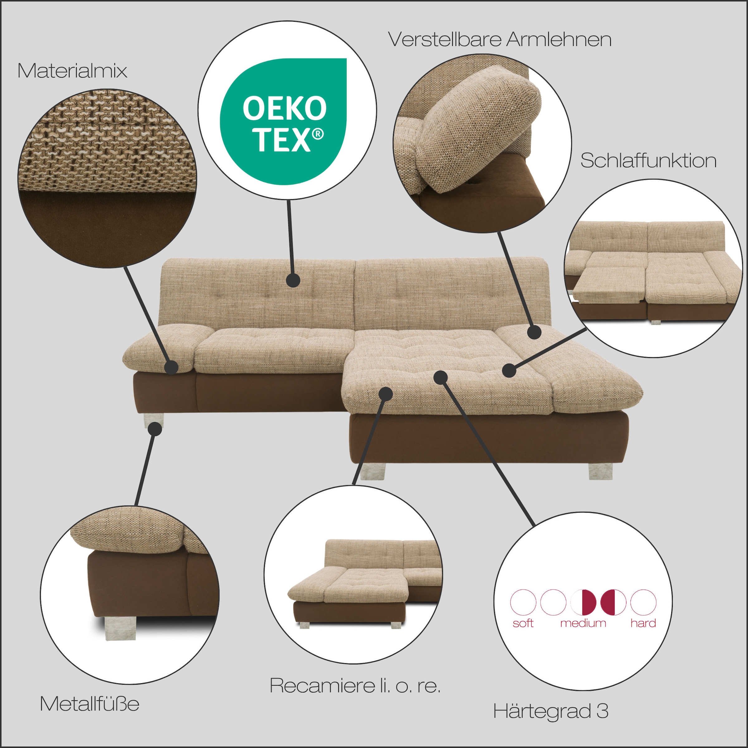 DOMO collection Ecksofa »100031 kompakte Stellmaße, komfortabel und bequem, L-Form«, wahlweise mit Bettfunktion und Armteilverstellung. Breite 234cm
