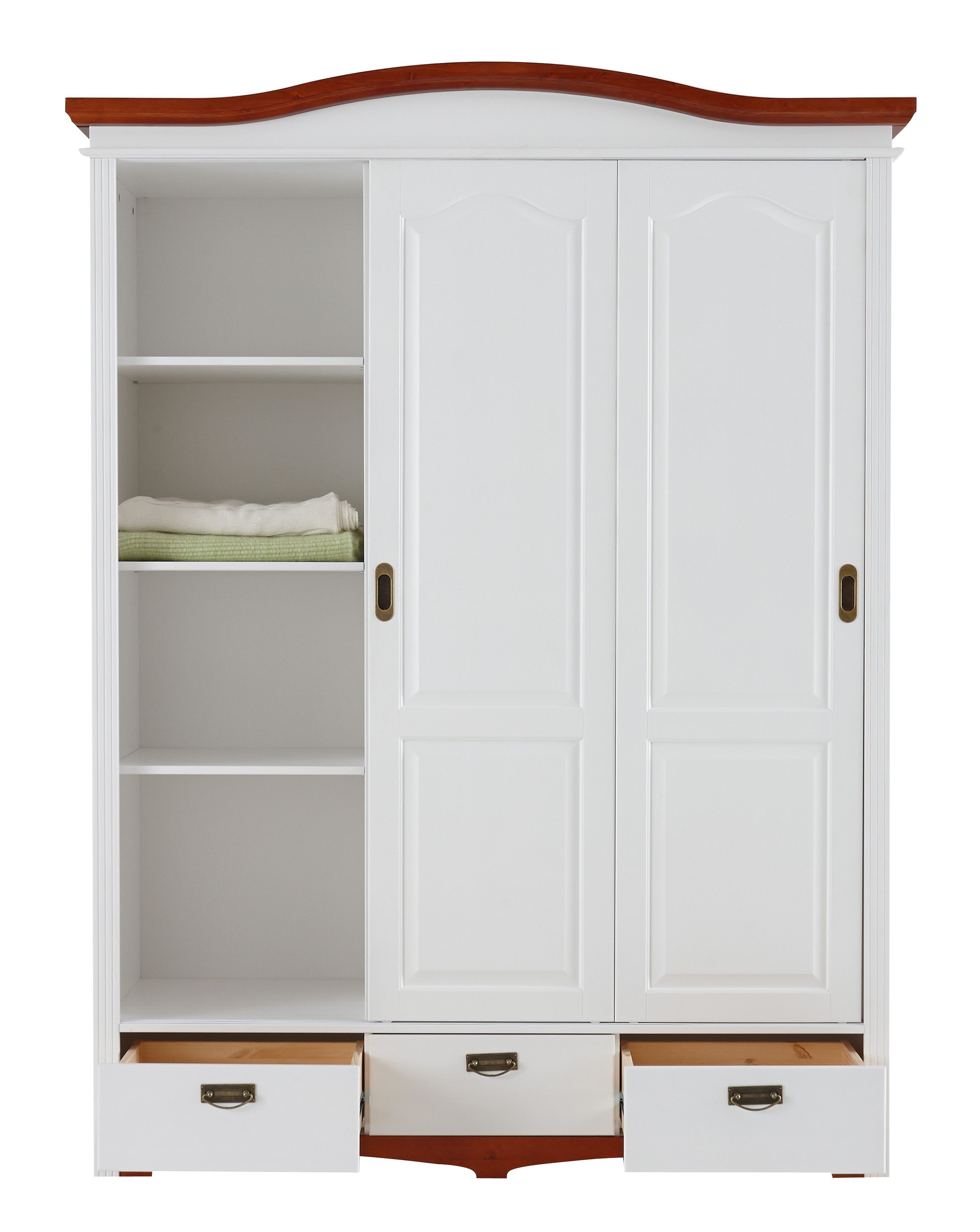 Home affaire Schiebetürenschrank »Konrad, Landhausstil, rustikal, mit Schubladen + Spiegel, Kassetten«, (3 Breiten: 153/202/249 cm H/T ca.207/64 cm), massive Kiefer, FSC®-zertifiziert, Messinggriffe, mehrere Varianten