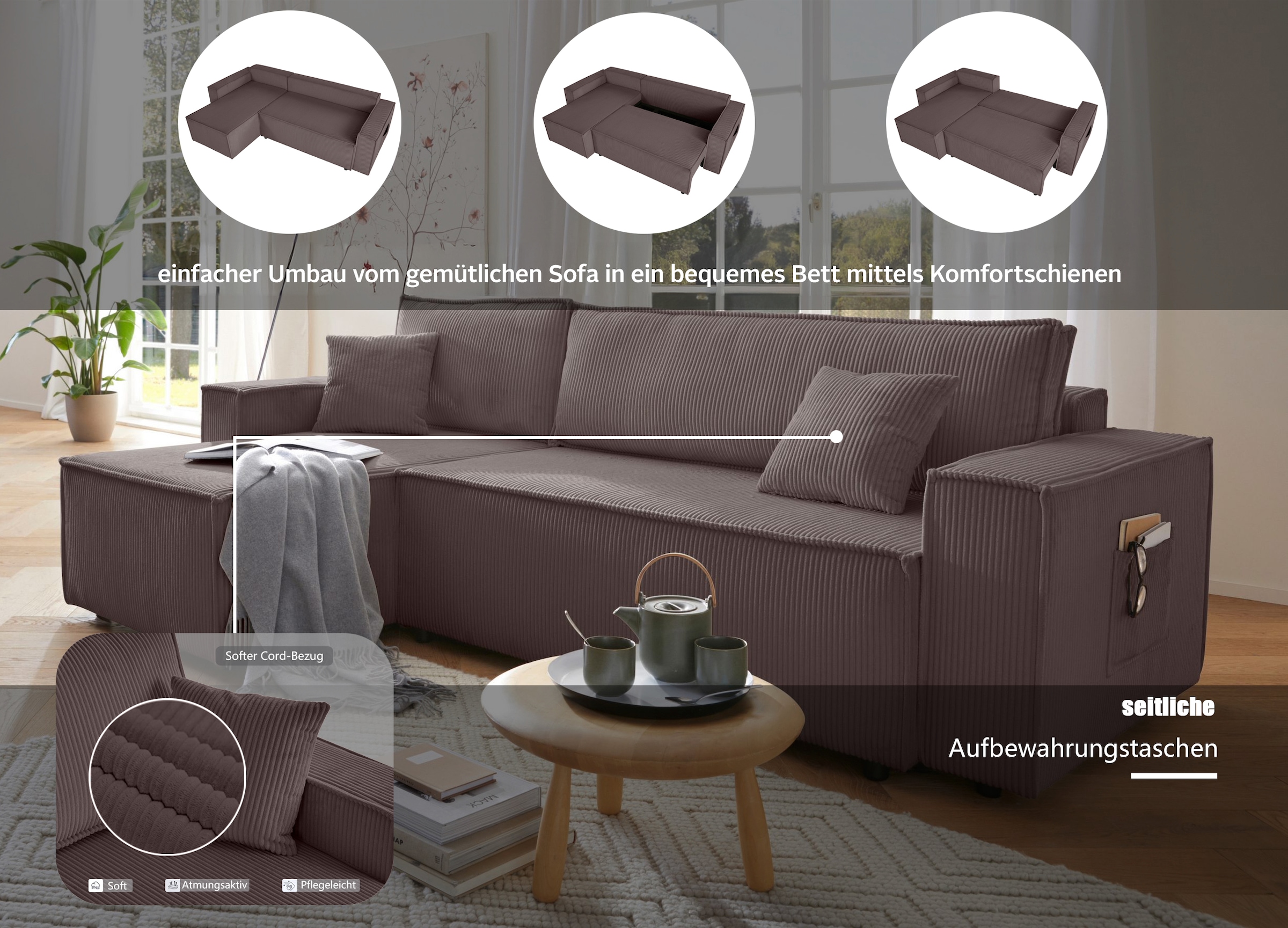 OTTO home Ecksofa »CASSI L-Form, 241cm - OTTO. Verlässliche Qualität.« Schlaffunktion (133/200), Boxspring, Bettkasten, Cord, Unser Tiefpreis