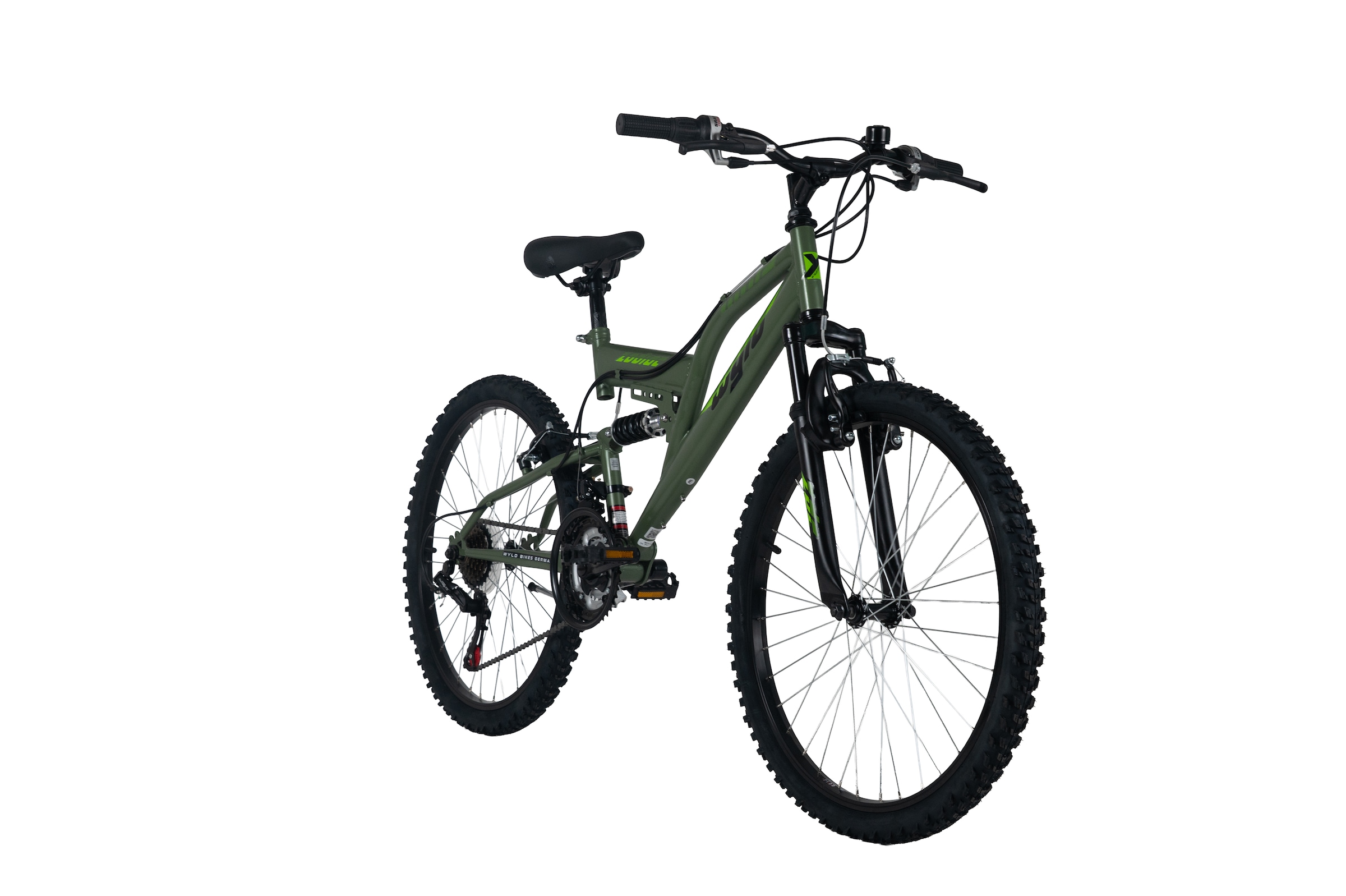 WYLD Jugendfahrrad »WYLD Kinder-Mountainbike Fully 24'' Zodiac grün 18 Gänge RH 38 cm« 18 Gang Shimano Tourney Schaltwerk Kettenschaltung