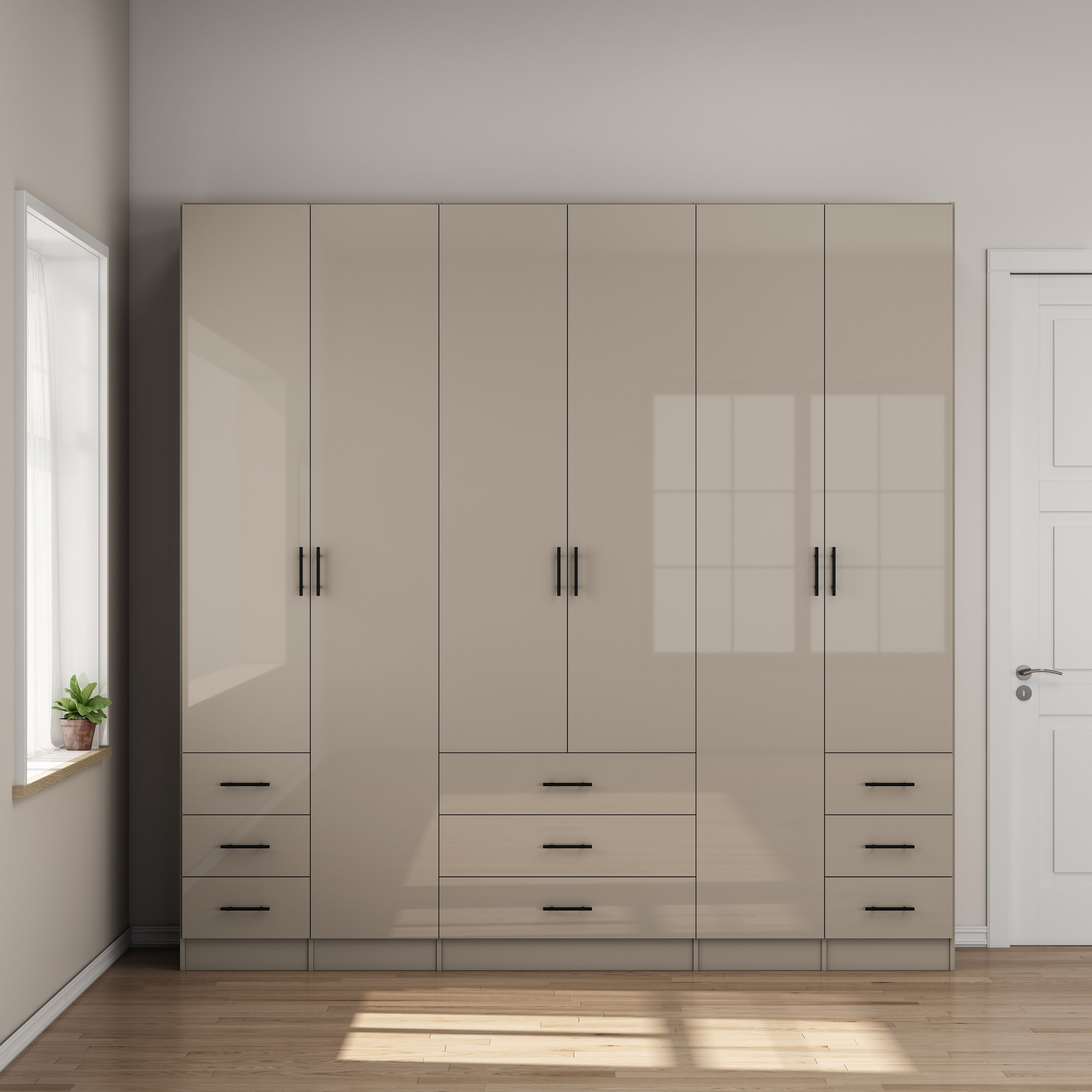 OTTO home Kleiderschrank »Trento Schlafzimmerschrank Garderobe hochglanz« in 2 unterschiedlichen Schrankhöhen wählbar,  Schrank mit 6 Türen und 9 Schubladen, Hochglanz-Fronten, 2,39m Höhe