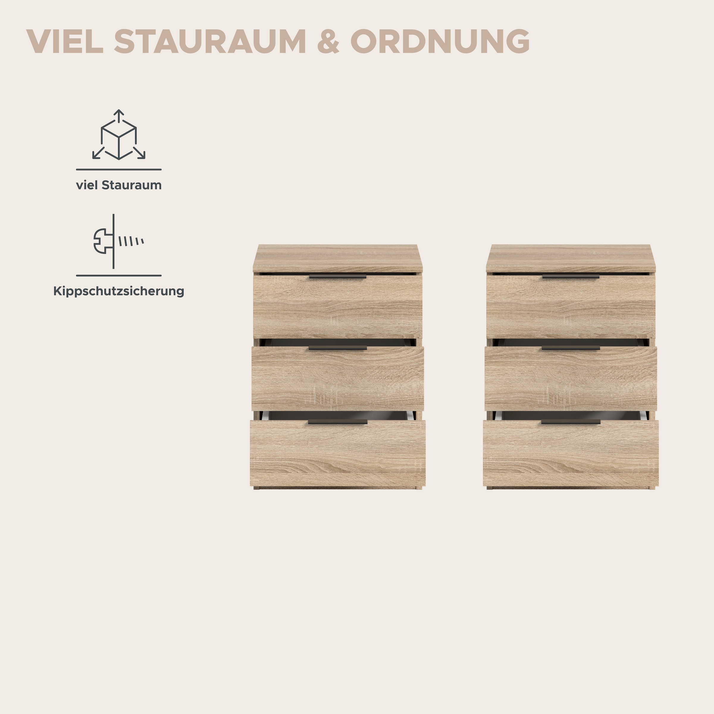 Home affaire Nachtkommode »Skarde 2 Nachttische, jeweils Breite: 45 cm« Set, Sie bekommen 2  Nachttische im Set, 2 Stk. tlg. Skarde, 2er Set Nachtkommoden, 3 Schubkästen, Sonoma Eiche NB