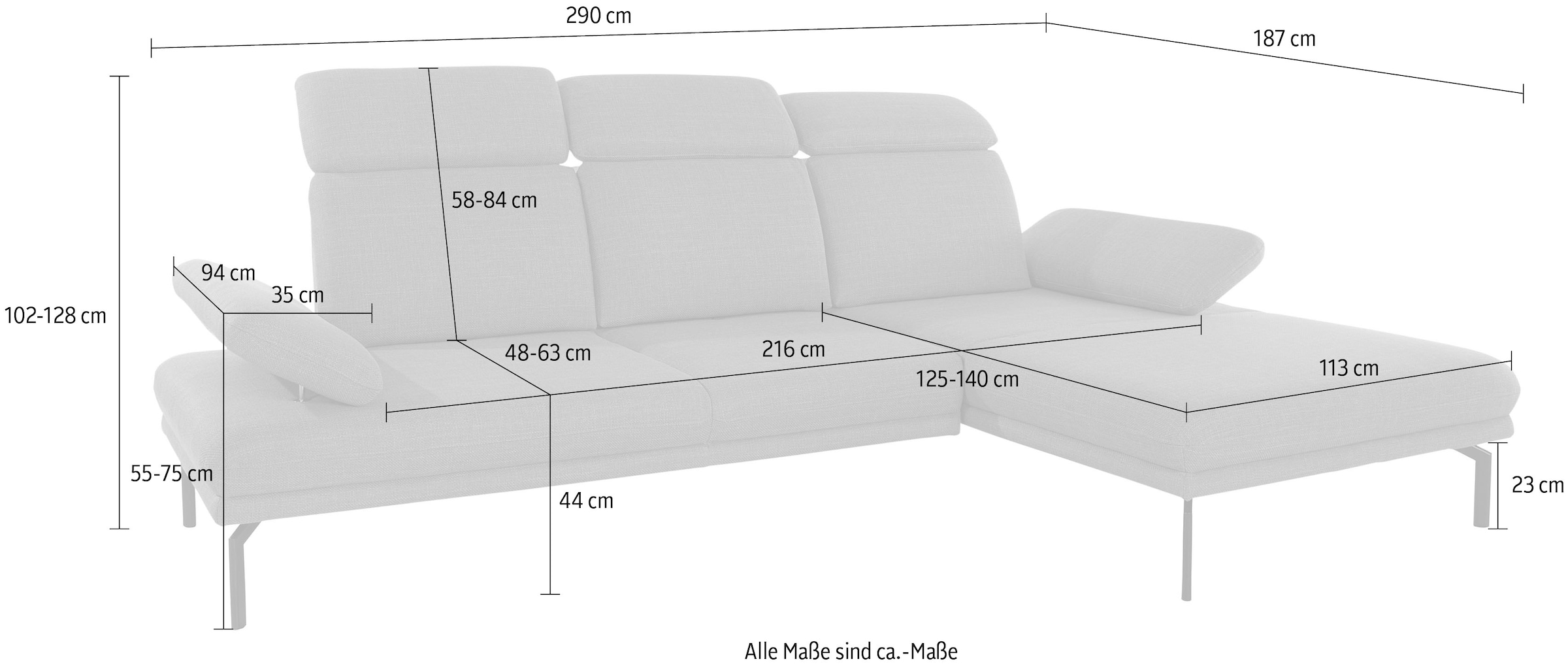 INOSIGN Ecksofa »200017 L-Form«, wahlweise mit Sitztiefenverstellung, B/T/H: 290/187/88 cm