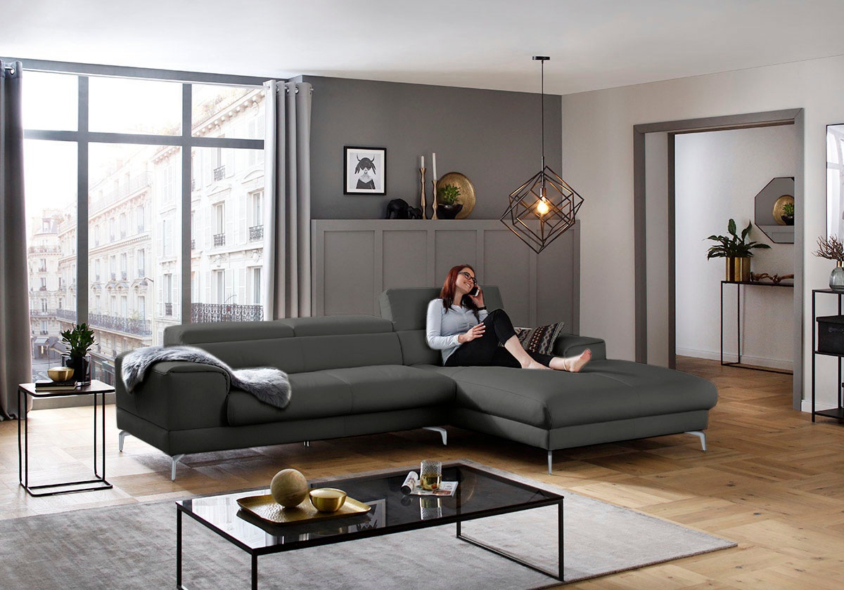 W.SCHILLIG Ecksofa »piedroo, Designsofa mit tollem Sitzkomfort, bequem und elegant, L-Form«, Kopfteilverstellung, wahlweise mit Sitztiefenverstellung, Breite 303cm