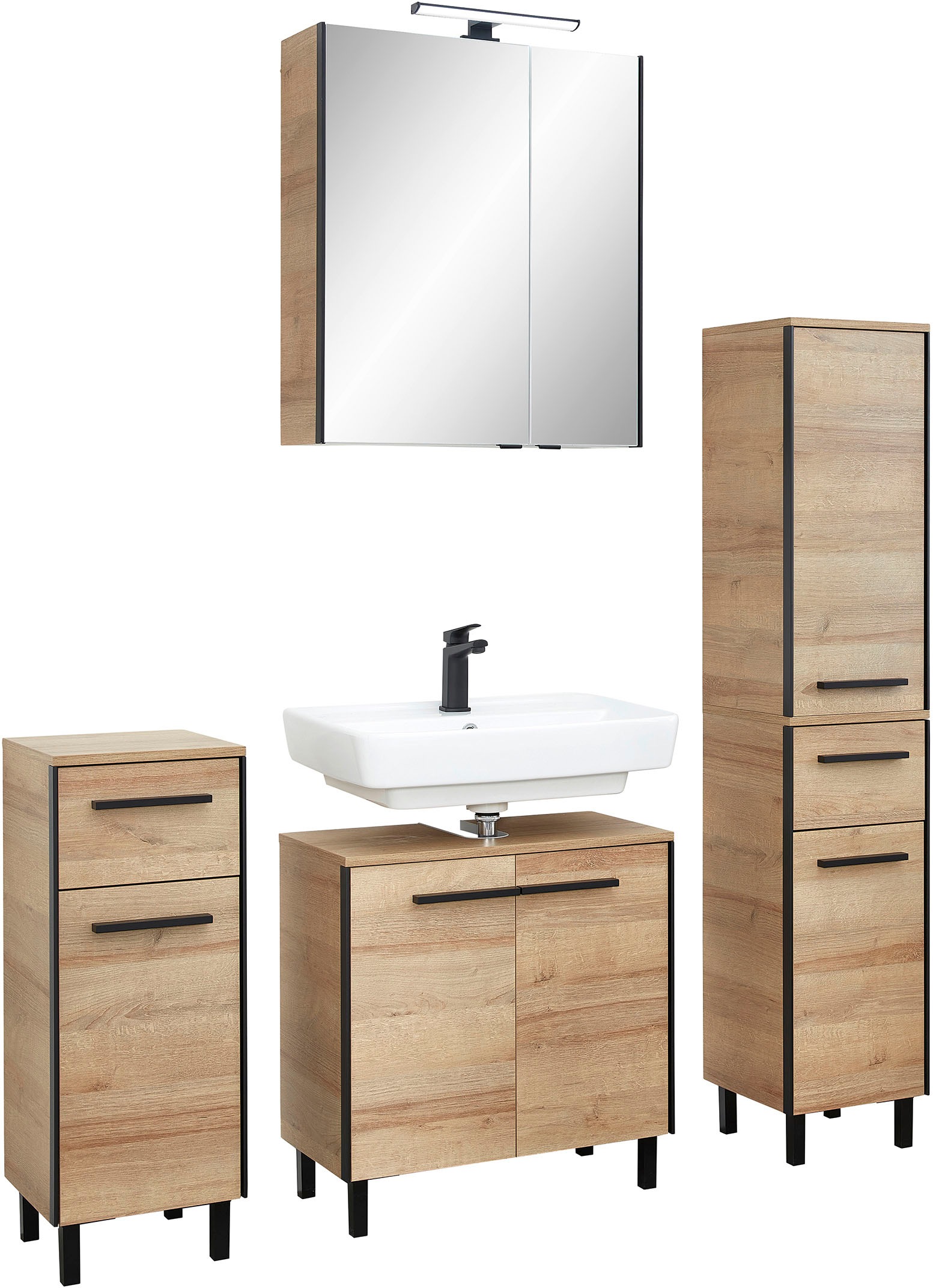 Saphir Badmöbel-Set »Quickset 395 4-teilig, Waschbeckenunterschrank mit LED-Spiegelschrank«, (5 St.), Unterschrank, Midischrank, inkl. Türdämpfer, 7 Türen, 2 Schubladen
