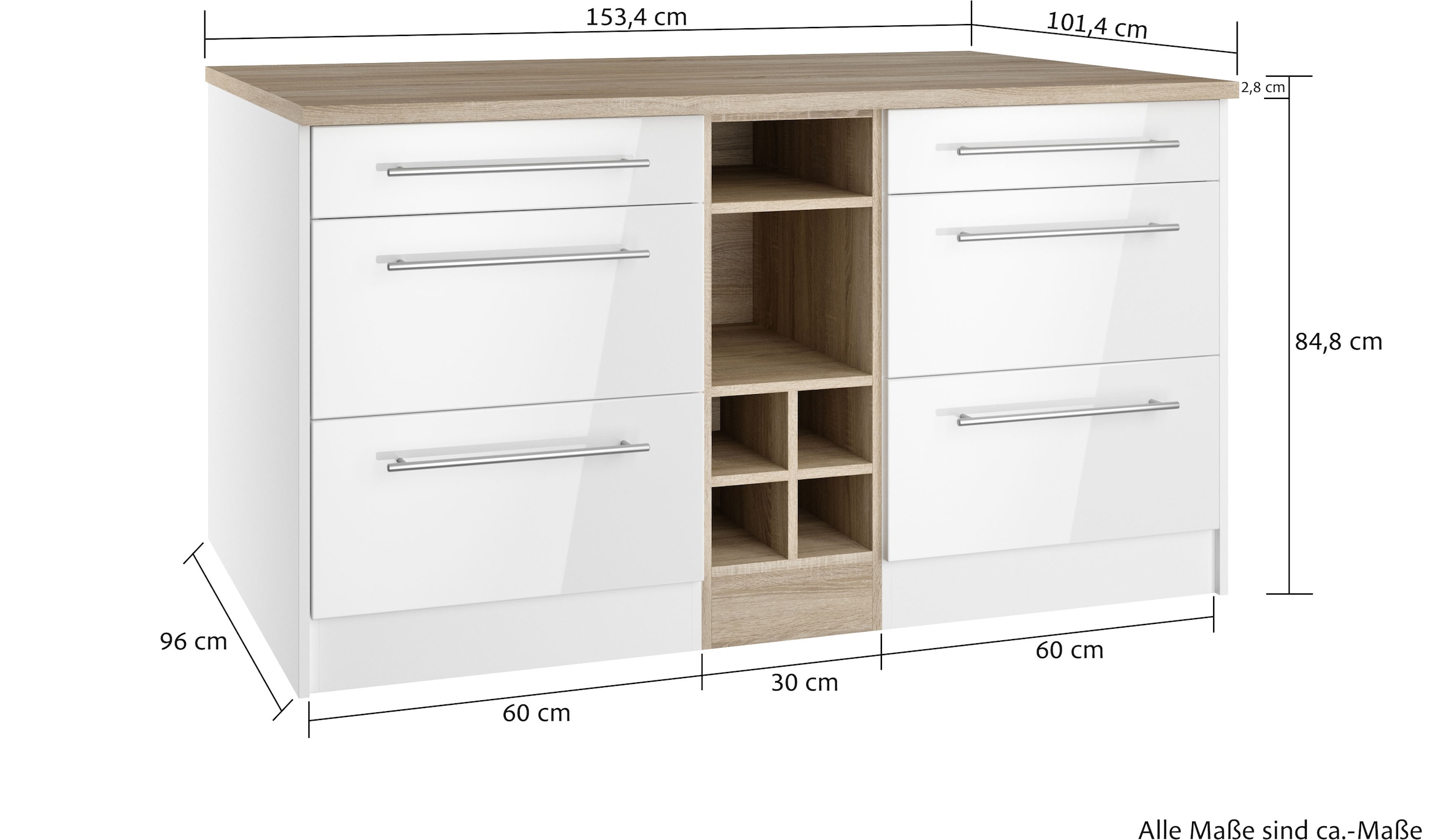 KOCHSTATION Kücheninsel »KS-Wien«, Breite 153 cm, MDF-Fronten, Flaschenregal