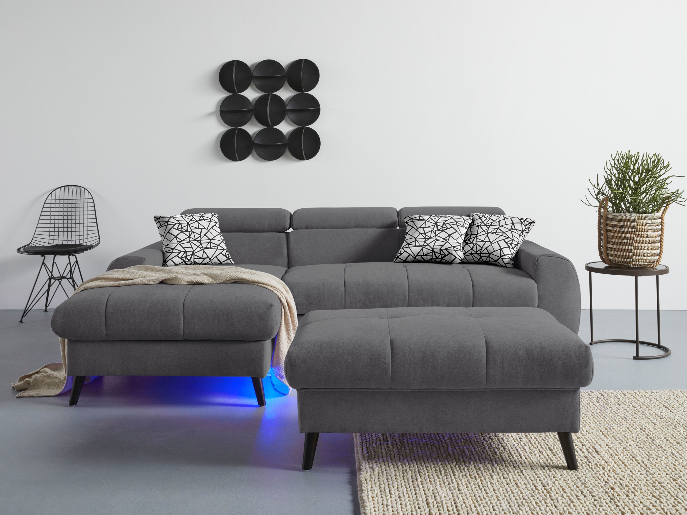 COTTA Ecksofa »Mia L-Form mit 3 Zierkissen«, wahlweise mit Bettfunktion, Bettkasten, Beleuchtung & Wireless-Charger