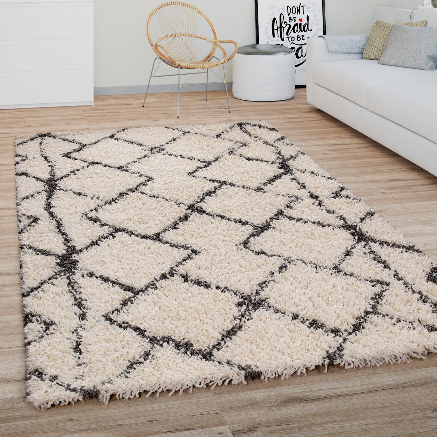 Paco Home Hochflor-Teppich »Kalmar 450«, rechteckig, 44 mm Höhe, Shaggy, Scandi Design, modernes Rauten Muster, weich & kuschelig