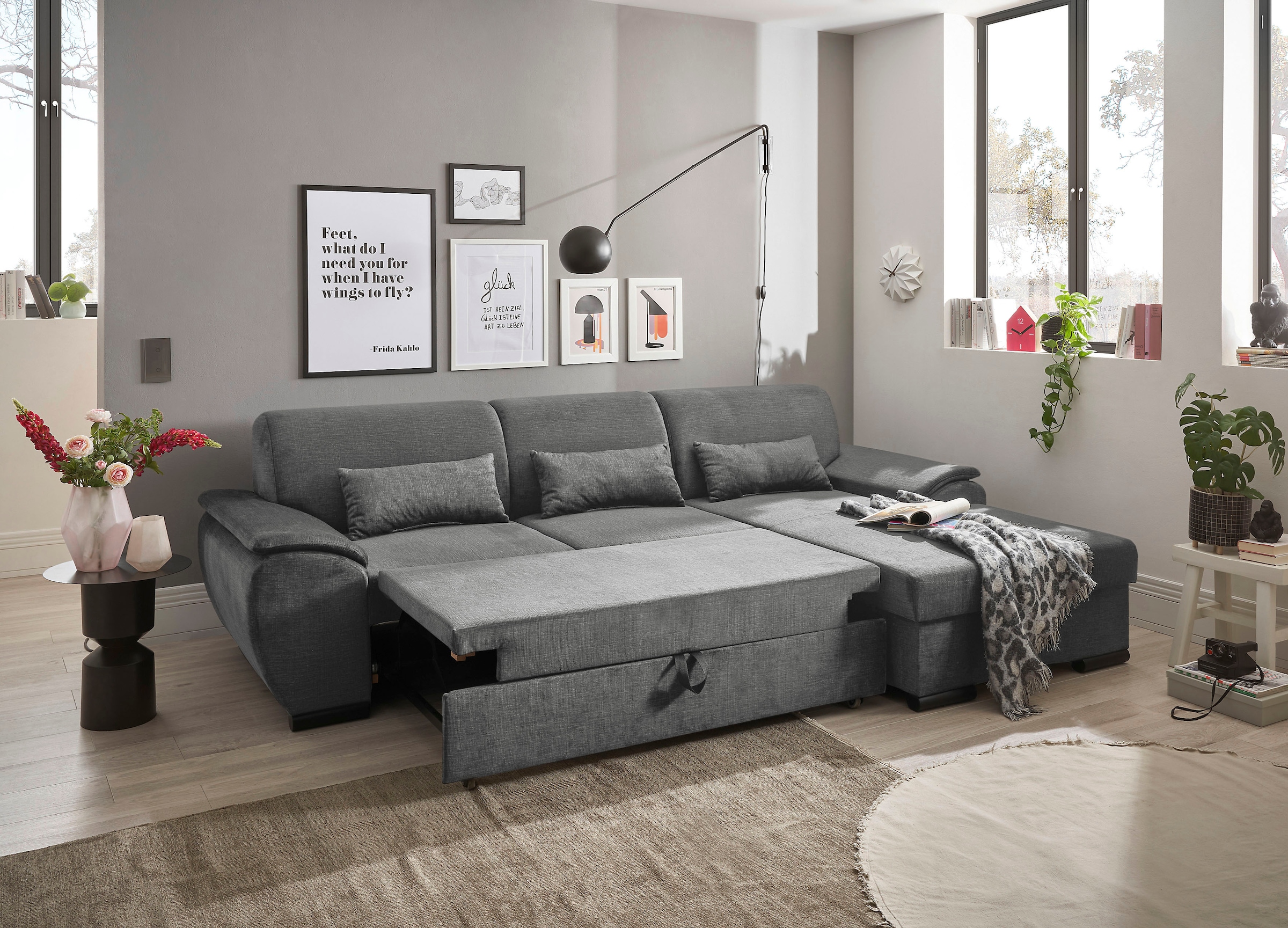 ED EXCITING DESIGN Ecksofa »Tampa L-Form«, mit Bettfunktion, Bettkasten & 3 Nierenkissen