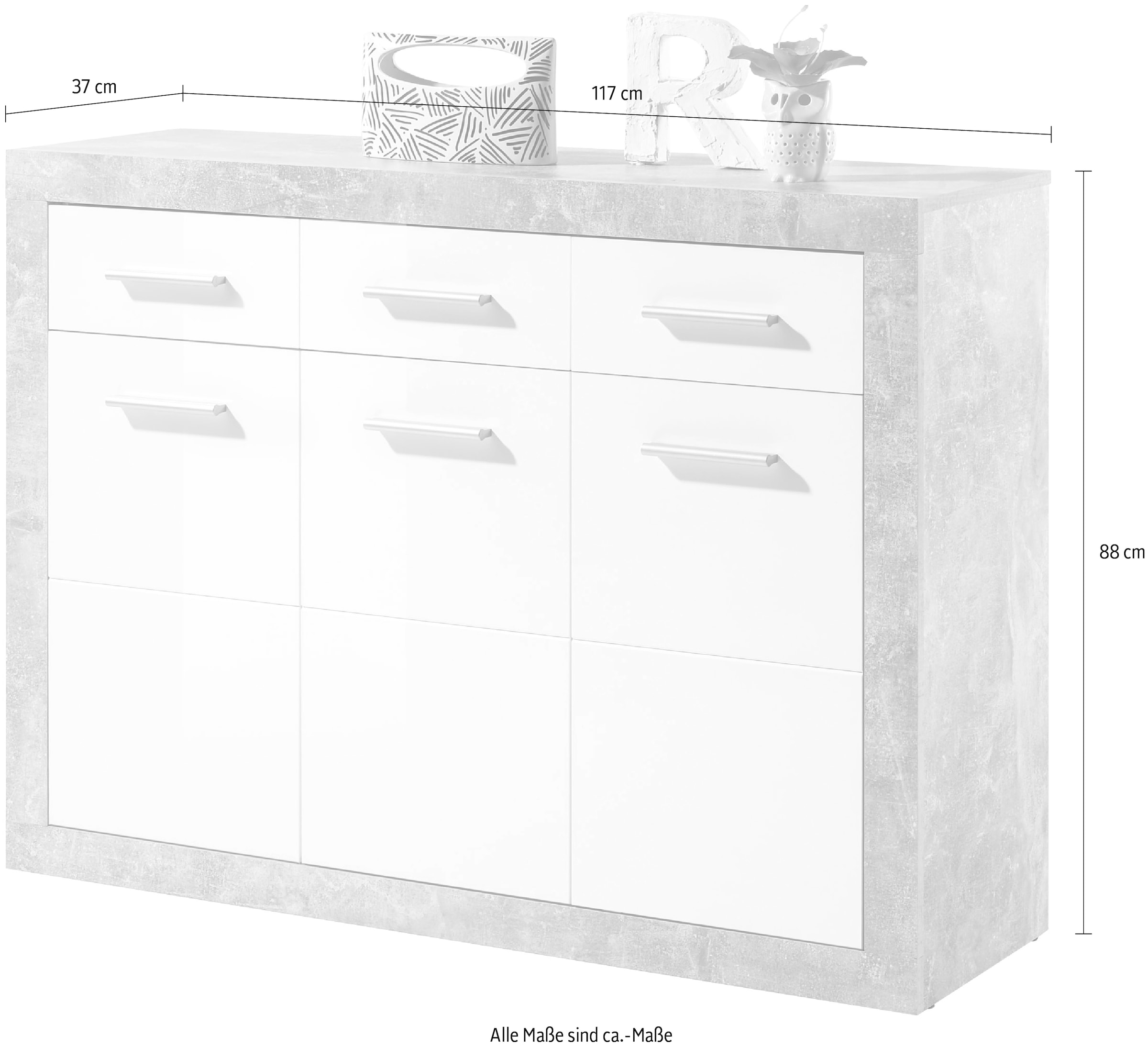 HBZ Kommode »Stone 2 weiß Glanz, BxHxT 117x88x37 cm«, Kommode mit 3 Türen, 3 Schubkästen, 2 Einlegeböden