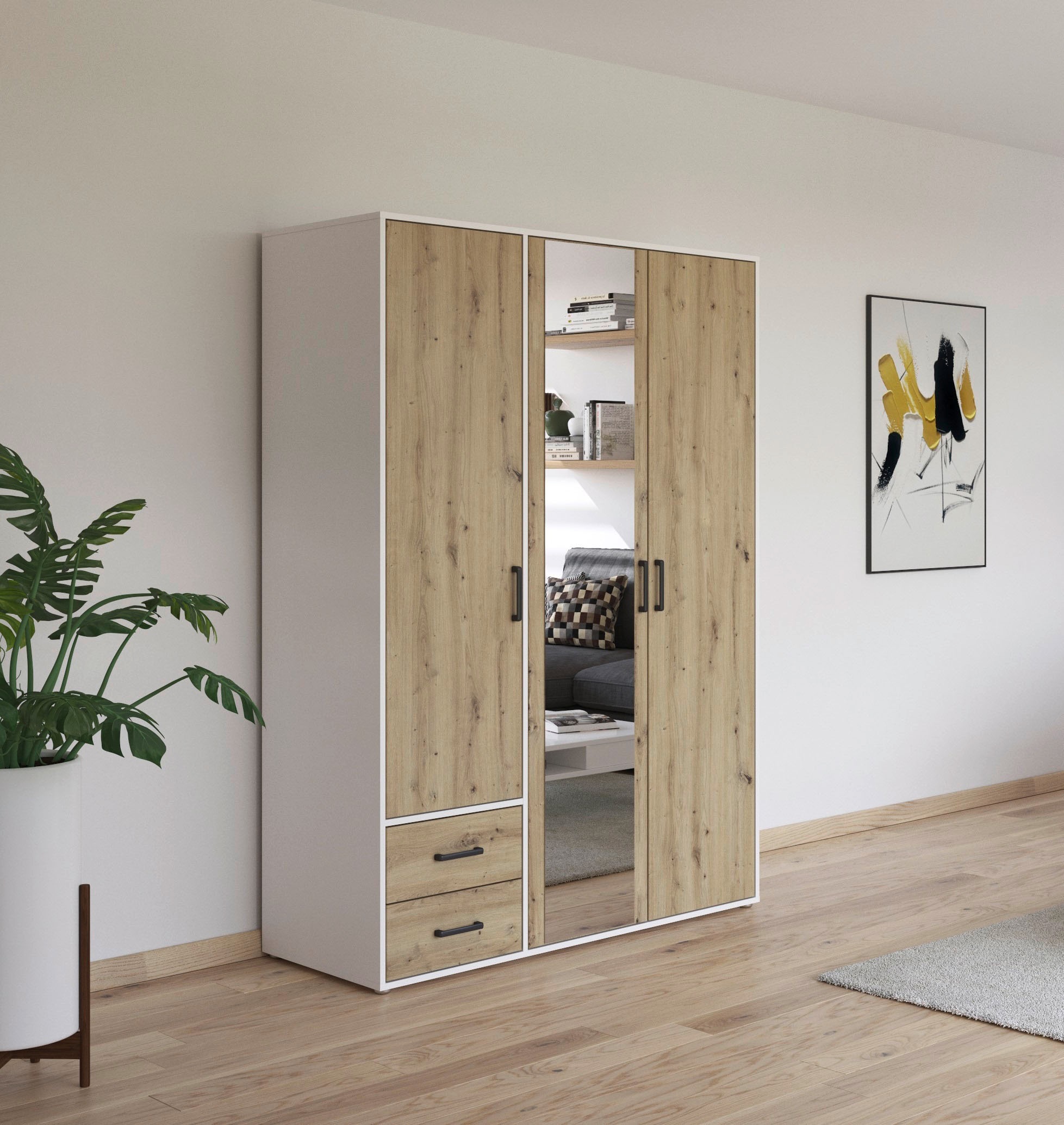 rauch Drehtürenschrank »Kleiderschrank Schrank Garderobe Wäscheschrank VOYAGER«, (in 3 verschiedenen Ausstattungen BASIC/CLASSIC/PREMIUM), mit modernen Griffen in Graumetallic, inkl. Schubkästen und Spiegel