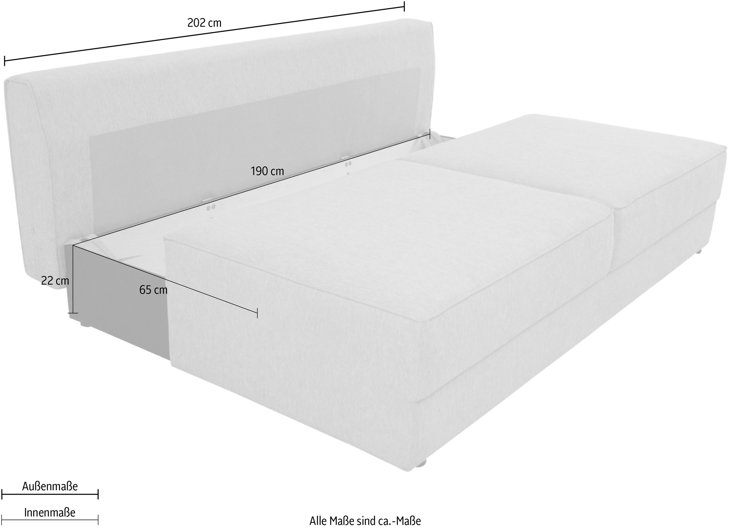 INOSIGN Schlafsofa »Simonton 3-Sitzer, Breite 202 cm«, Liegefläche 202x146 cm, inkl. Bettkasten, weicher Struktur-Stoff