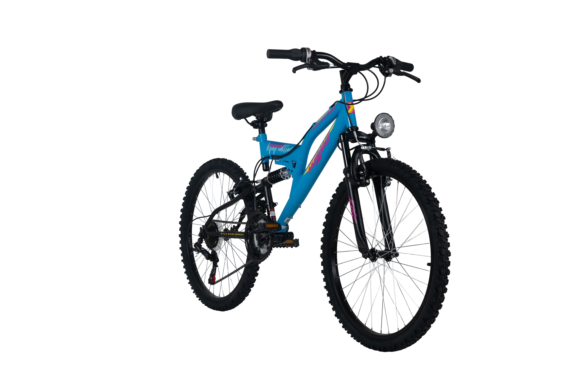 WYLD Jugendfahrrad »WYLD Kinder-Mountainbike Fully ATB 24'' Zodiac blau 18 Gänge RH 38 cm« 18 Gang Shimano Tourney Schaltwerk Kettenschaltung