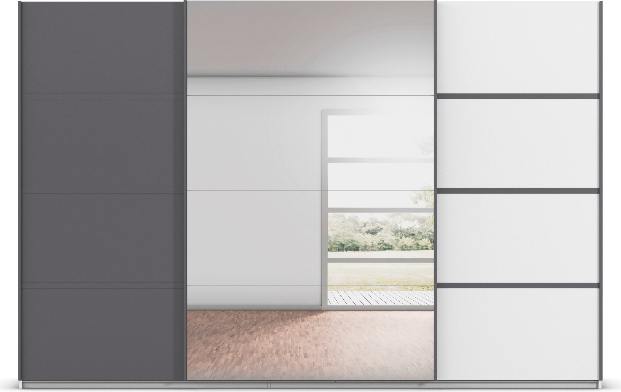 rauch Kleiderschrank »Schwebetürenschrank OTTO´s Choice Garderobe Schrank TOP ANGEBOT Avola«, (in 3 verschiedenen Ausstattungen BASIC/CLASSIC/PREMIUM inkl. Spiegel), mit eleganten Zierleisten in Chrom, Schwarz oder Weiß MADE IN GERMANY