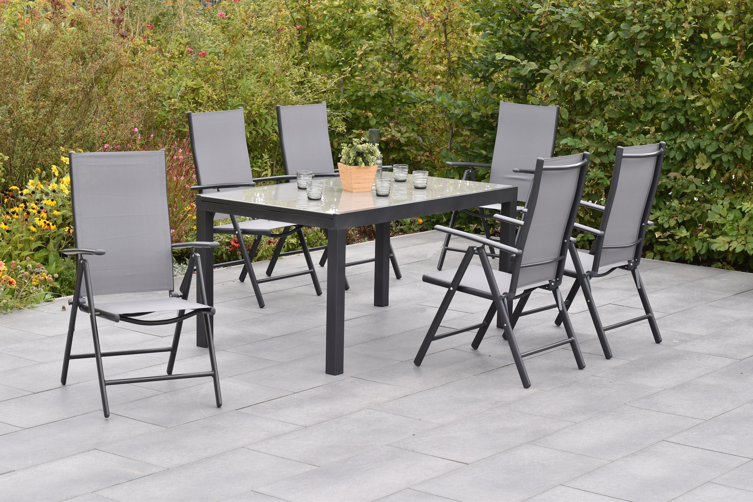 MERXX Garten-Essgruppe »»Amalfi««, (Set, 7 tlg., 5-fach verstellbare Rückenlehne), Ausziehtisch: LxB: 200-300 x 110 cm