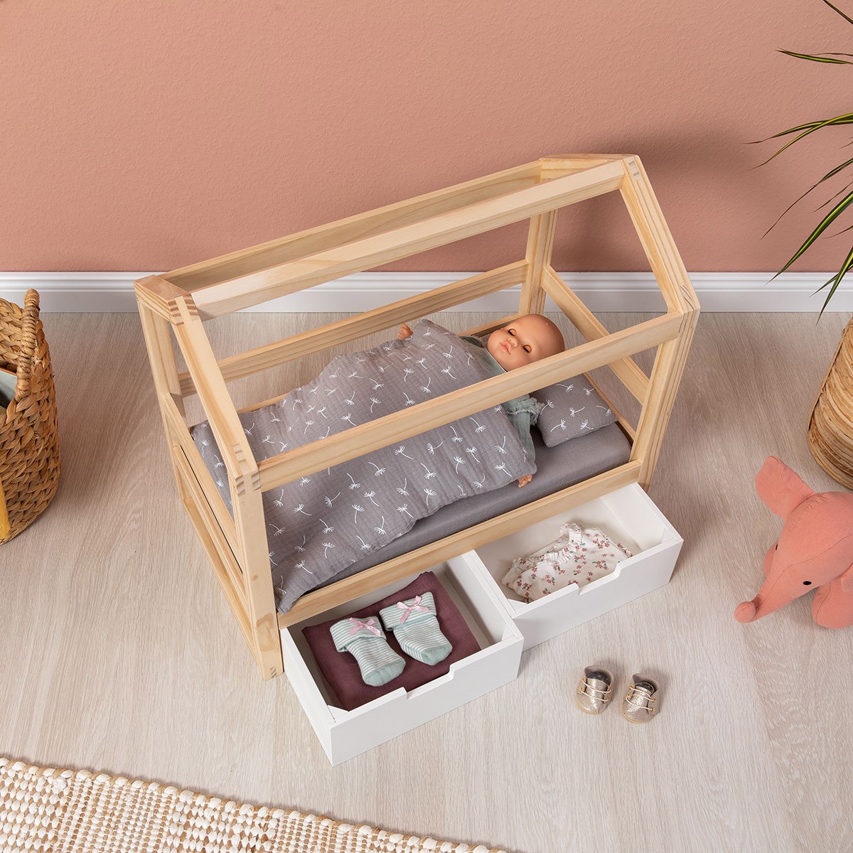 MUSTERKIND® Puppenbett »Puppen-Hausbett Viola, natur/weiß«, aus Holz