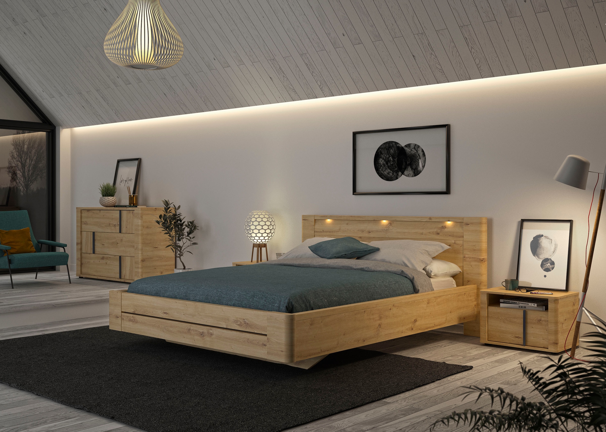 Gami Schlafzimmer-Set »Confidence«, (4 tlg., Bett, 2x Nachttisch und Kommode), aus Kiefernholz, mit Bett, 2x Nachttisch und Kommode