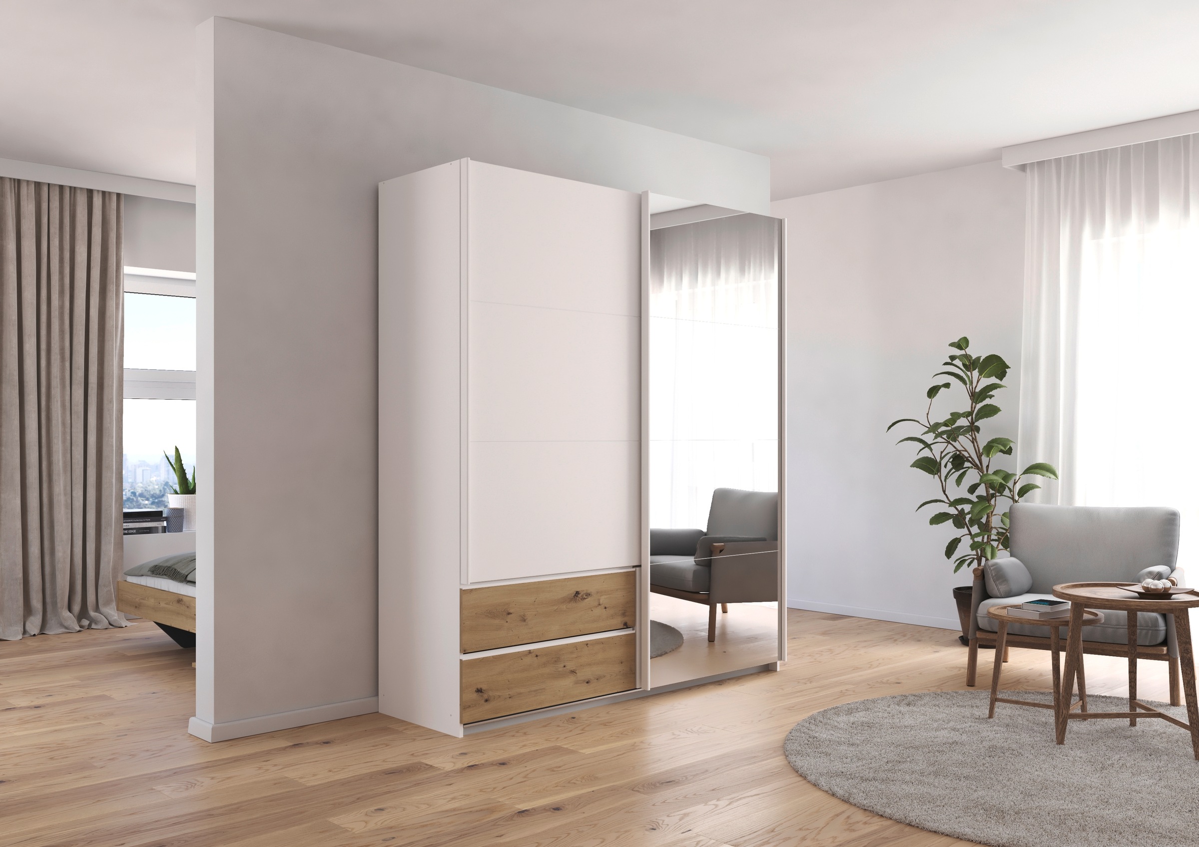 rauch Schwebetürenschrank »Kleiderschrank Schrank Garderobe Wäscheschrank ELARA mit Spiegel«, praktische Schubladen optional farblich abgesetzt MADE IN GERMANY