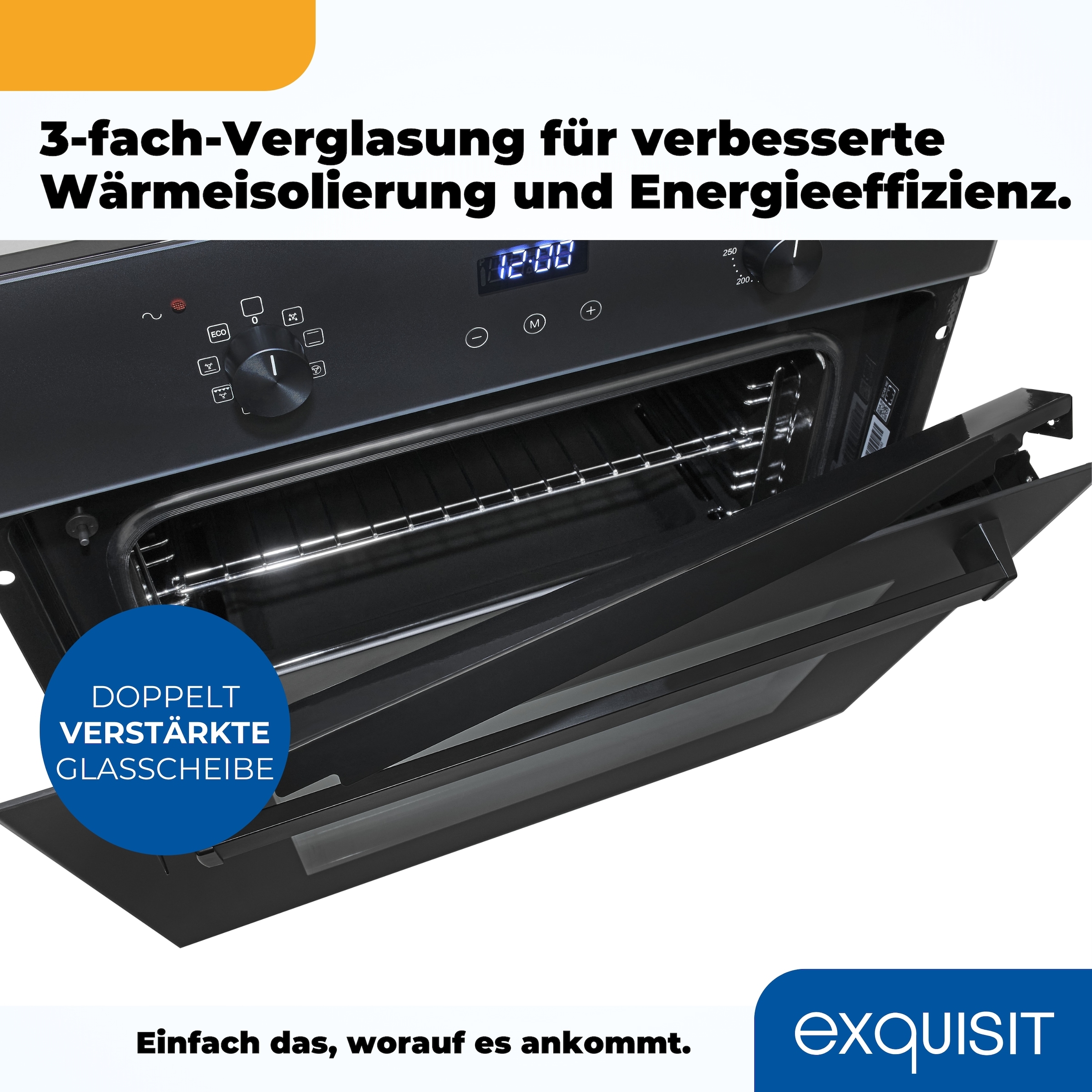 exquisit Einbaubackofen »EBE367-H-120 mattschwarz« Heißluft & dreifach verglaste Tür – Wärme bleibt sicher im Ofen!