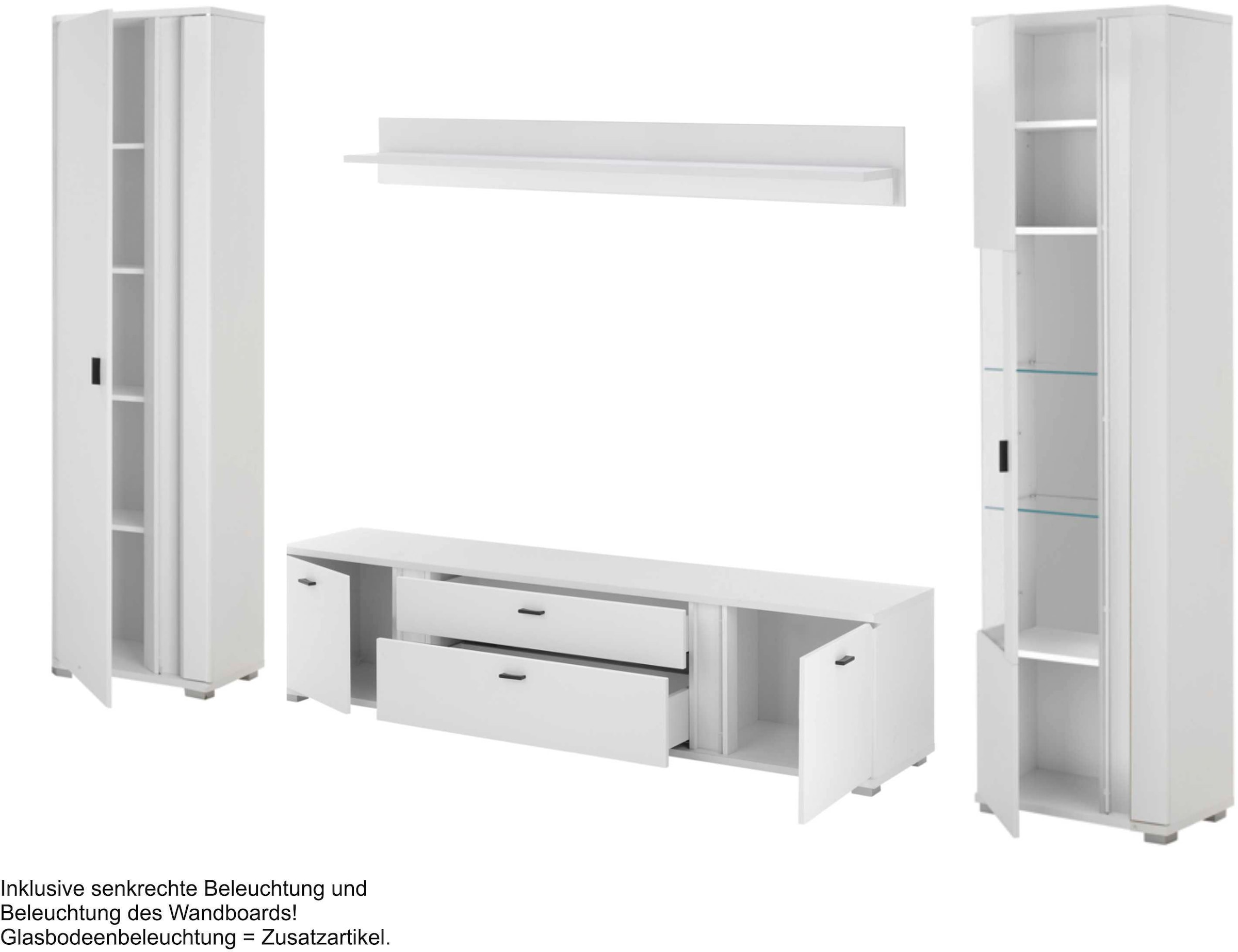 INOSIGN Wohnwand »LONG ISLAND«, (Set, 4 St.), in moderner Trendfarbe,inklusive senkrechter Beleuchtung,Breite 330 cm