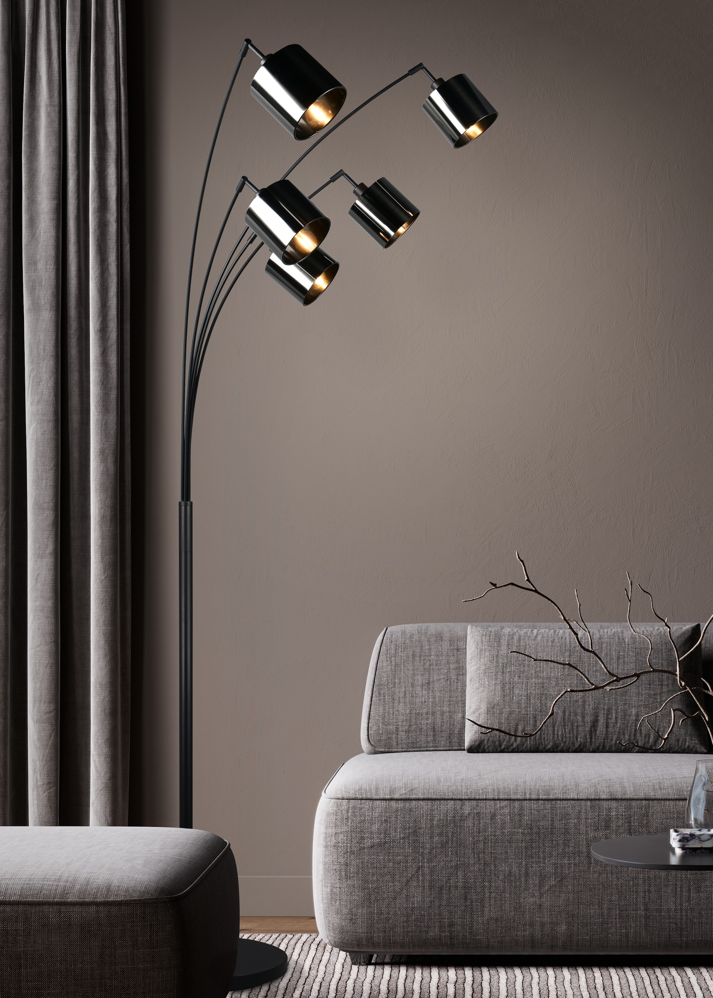 REALITY Leuchten Stehlampe »JASON, Stehleuchte 5-flammig exkl 5x E14 max 10W, Höhe 200cm 72cm tief« E14 1 Stk. warmweiß - kaltweiß Bogenleuchte Metall schwarz, Lampenschirme rauchgrau, Fußschalter