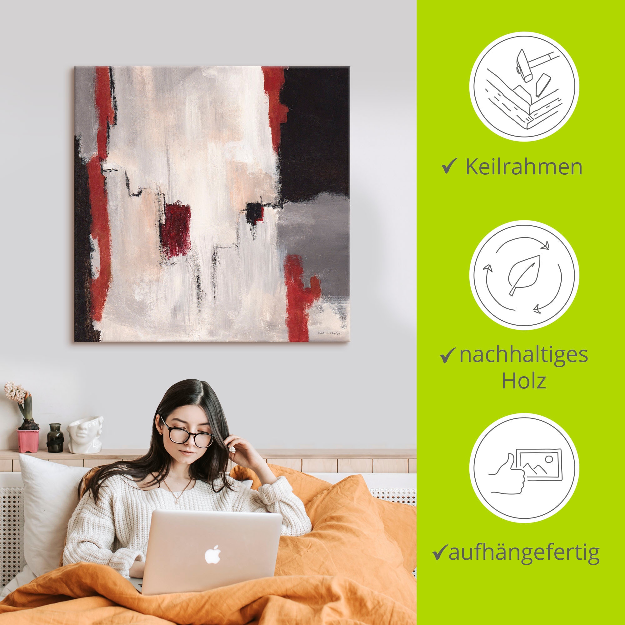 Artland Leinwandbild »Rot an Grau I - Abstrakt« Gegenstandslos 1 Stk. tlg. auf Holzrahmen gespannt