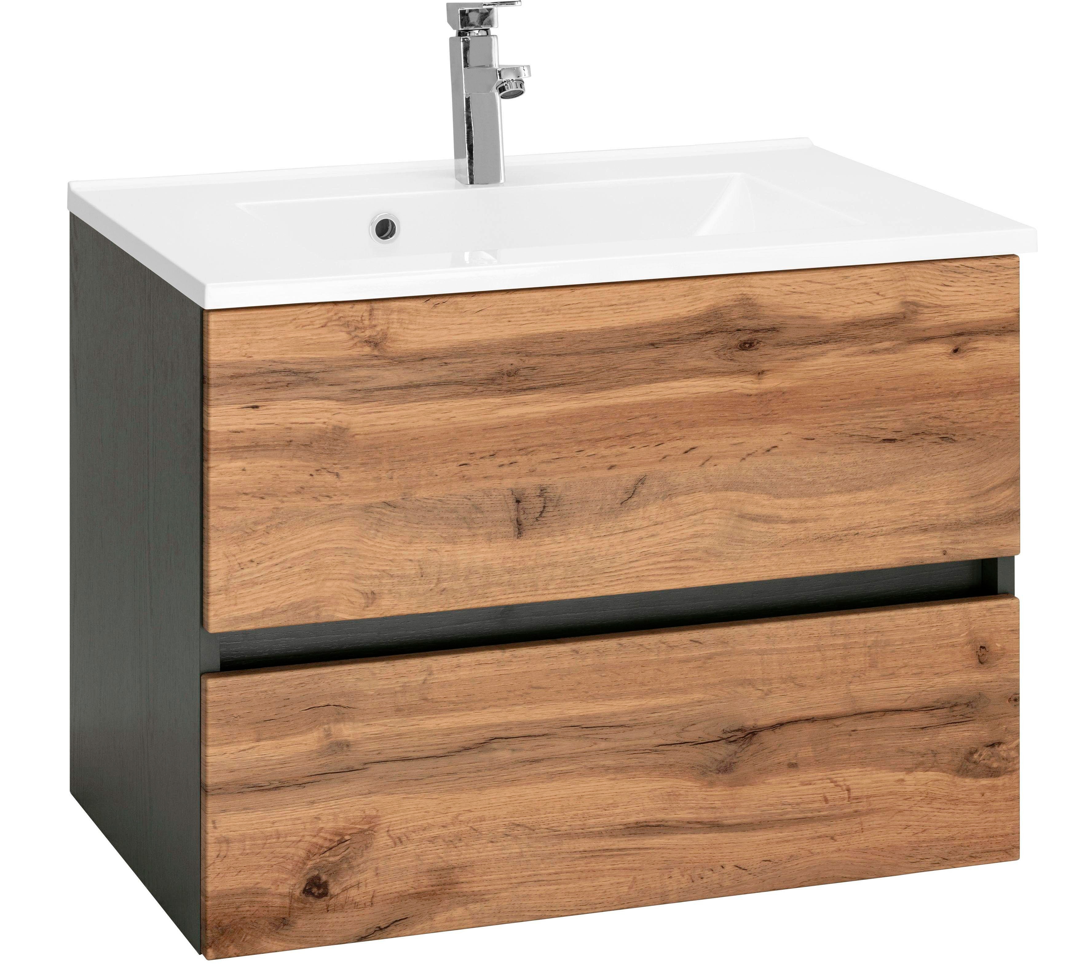 Waschbeckenunterschrank „Lucca“, Bad, Waschtisch inkl. Waschbecken, Breite 60 cm, eichefarben/eichefarben/graphit B/H/T: 60 cm x 56 cm x 47 cm