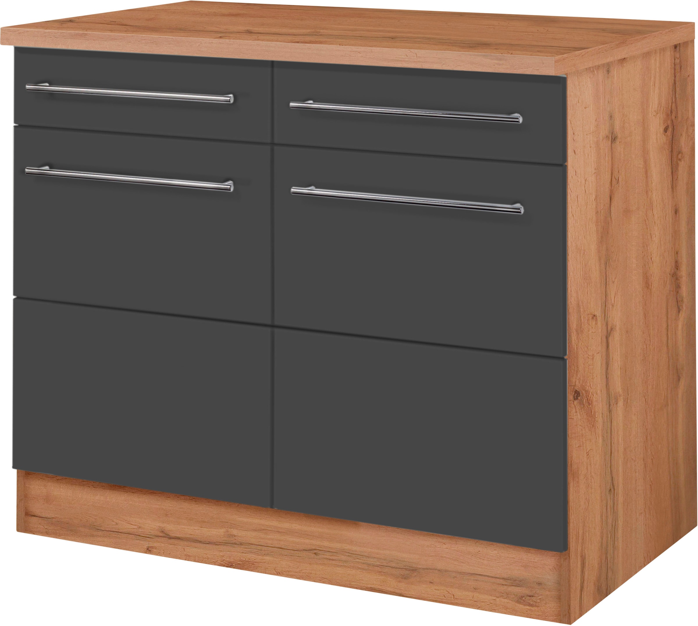 KOCHSTATION Unterschrank »KS-Wien« Breite 100 cm, 2 Türen, 2 Schubkästen, für viel Stauraum anthrazit/wotaneiche-wotaneiche