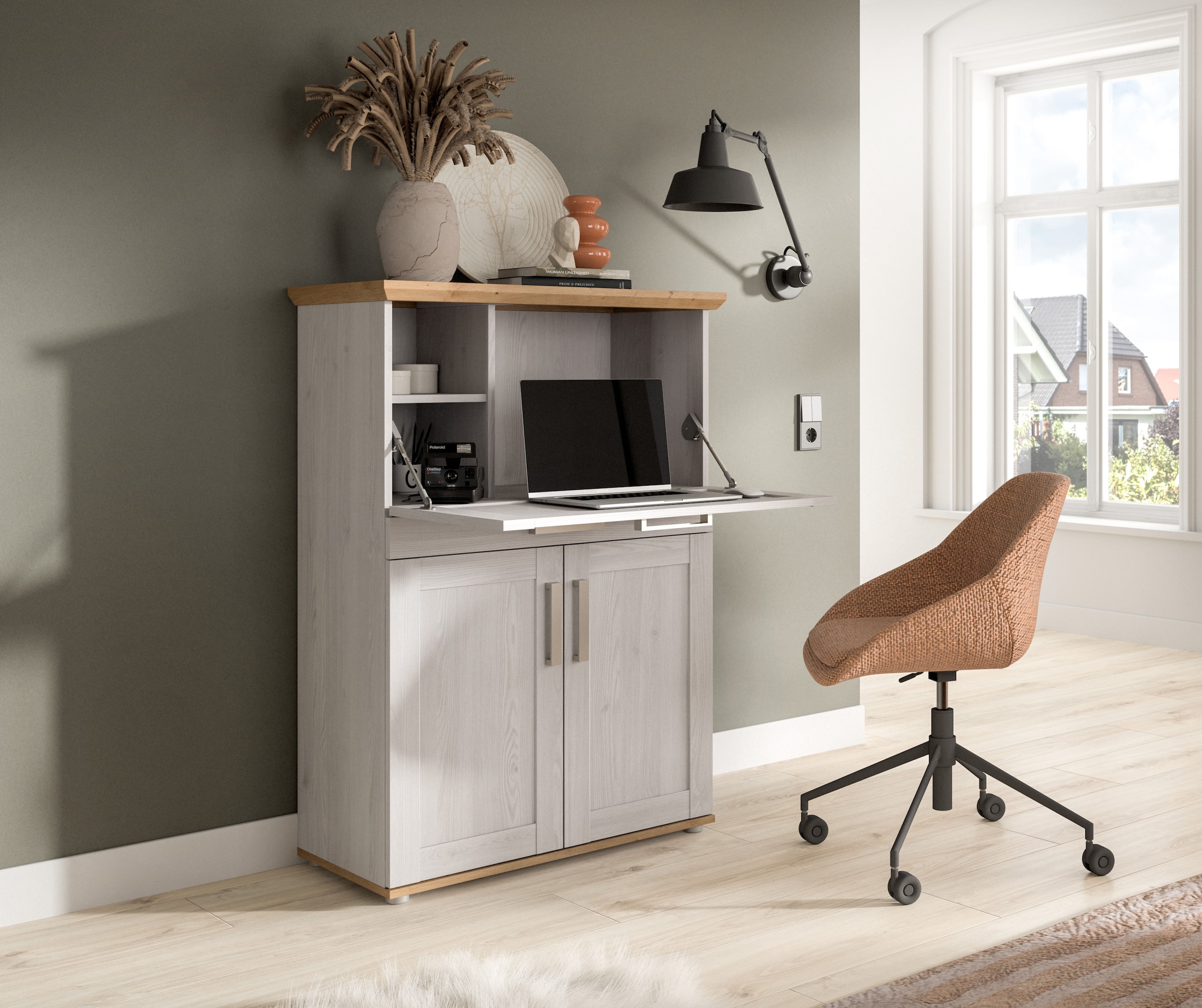 Home affaire Sekretär »COSENZA, Höhe 122 cm, 2 Türen, 1 Klappe, 1 Schubkasten, 5 Fächer« in Landhausoptik, mit weiteren Artikel der Serie kombinierbar,  Schreibtisch, Home-Office, Kommode, Schrank, Midischrank