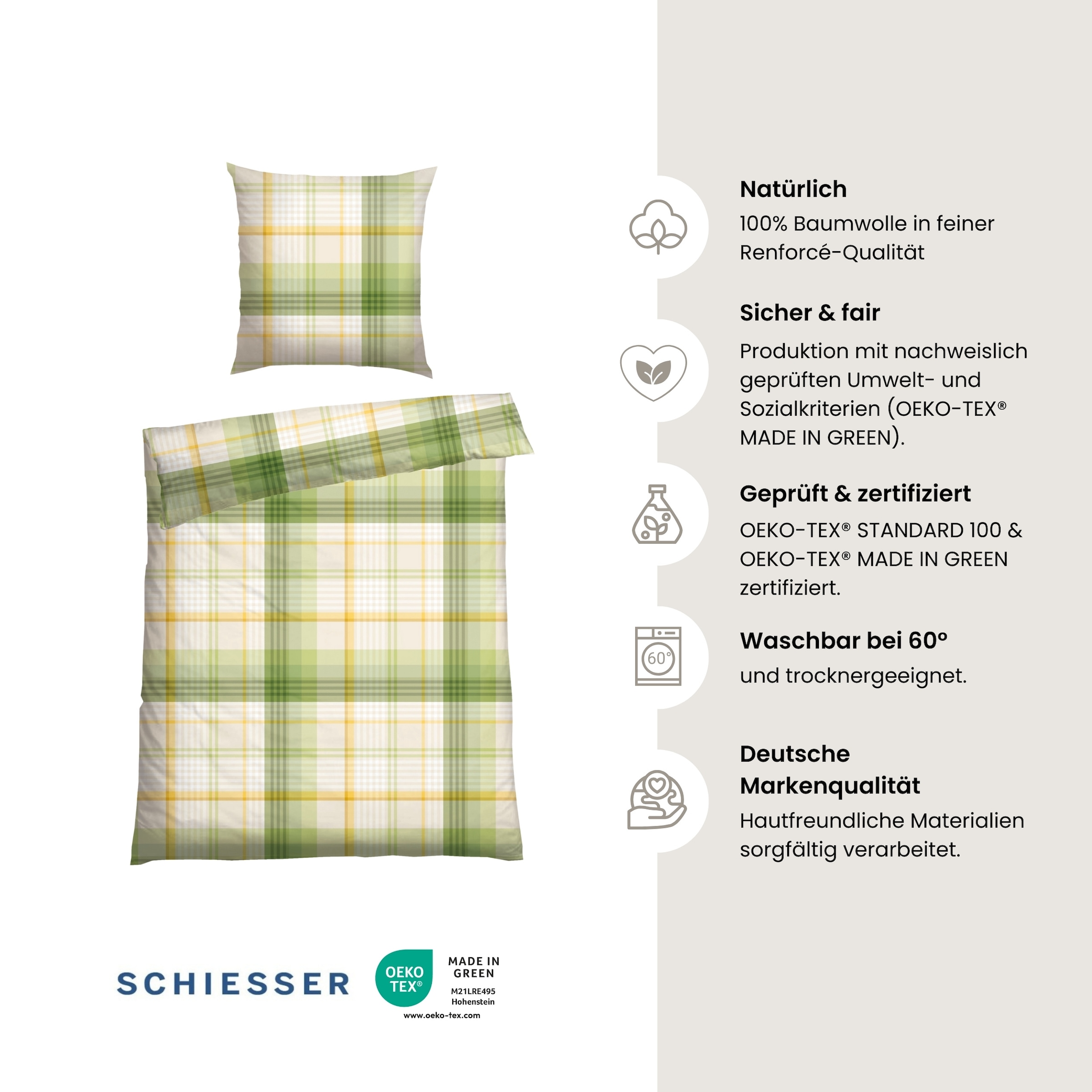 Schiesser Bettwäsche »Mosa aus weicher Baumwolle mit zeitlosen Karos« 2 MADE IN GREEN by OEKO-TEX®