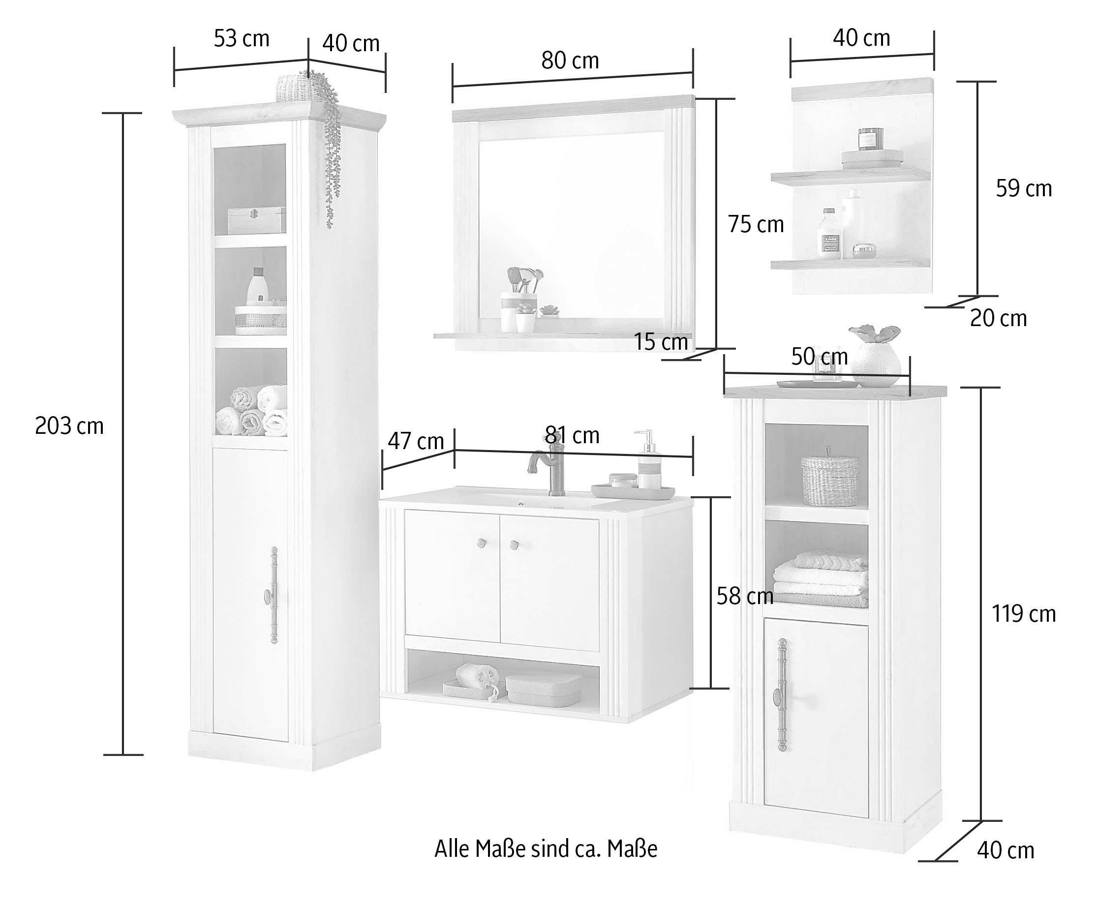 Home affaire Badmöbel-Set »WESTMINSTER«, (5 St.), im romantischen Landhausstil