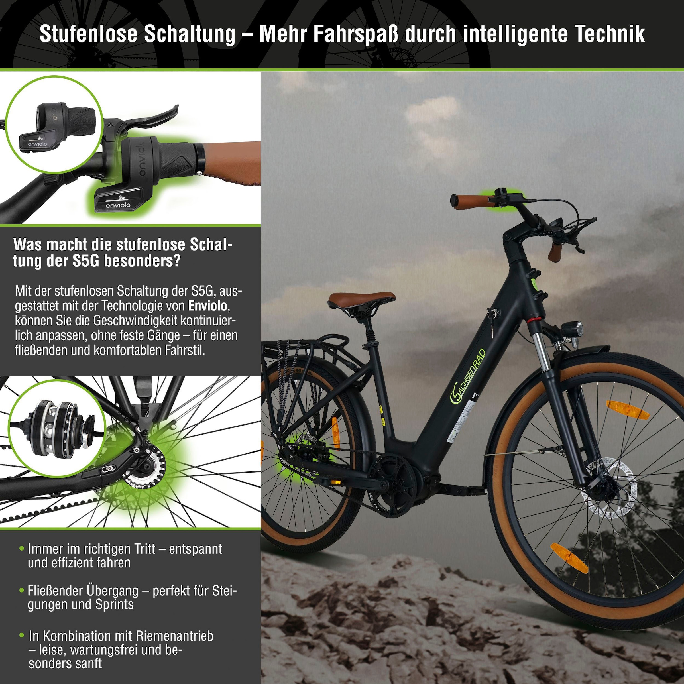 SachsenRad »S5G« Kugelschaltung Mittelmotor 250 W Tiefeinsteiger, Alarmanlage, Pedelec,  Stufenlose Enviolo-Schaltung, TFT Farb-LCD-Steuerdisplay