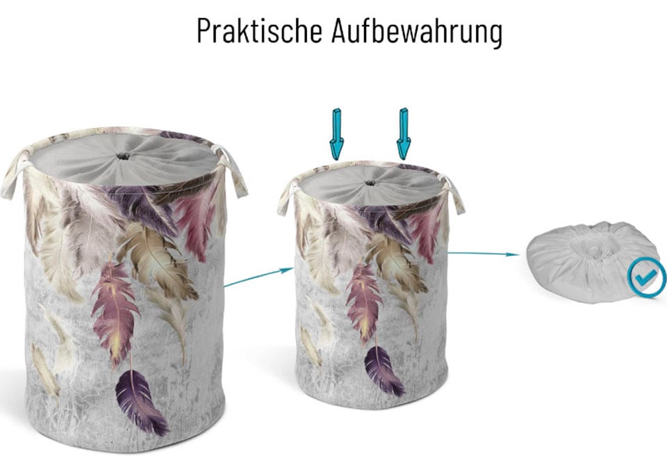 Sanilo Wäschekorb »Federn«, kräftige Farben, samtweiche Oberfläche, mit Deckel