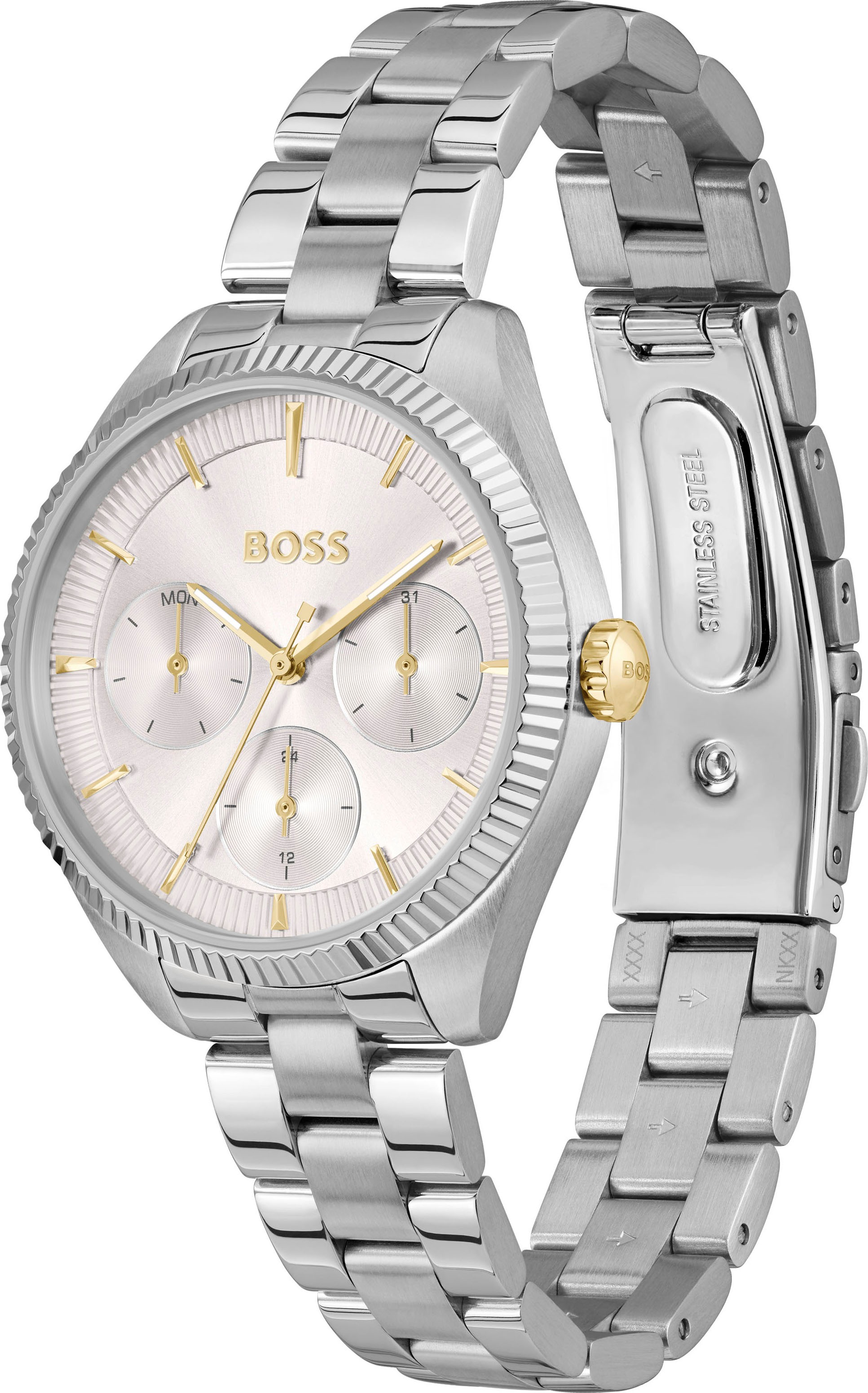 BOSS Multifunktionsuhr »SAGE SPORT«, Quarzuhr, Armbanduhr, Damenuhr, Edelstahlarmband, analog