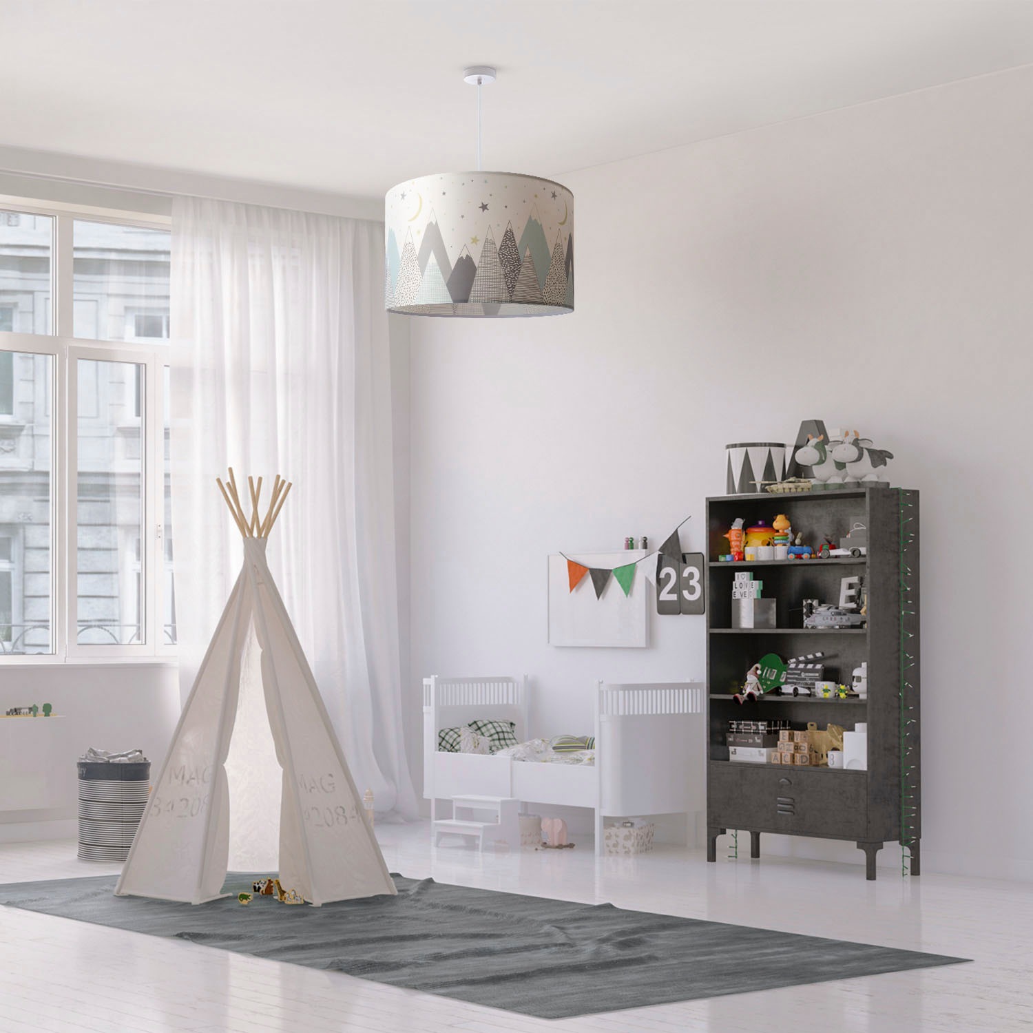 Paco Home Pendelleuchte »Hugo Cosmo«, Leuchtmittel E27 | ohne Leuchtmittel, Pendellampe Kinderzimmer n Decke Stoff Lampenschirm Rund Berge Sterne