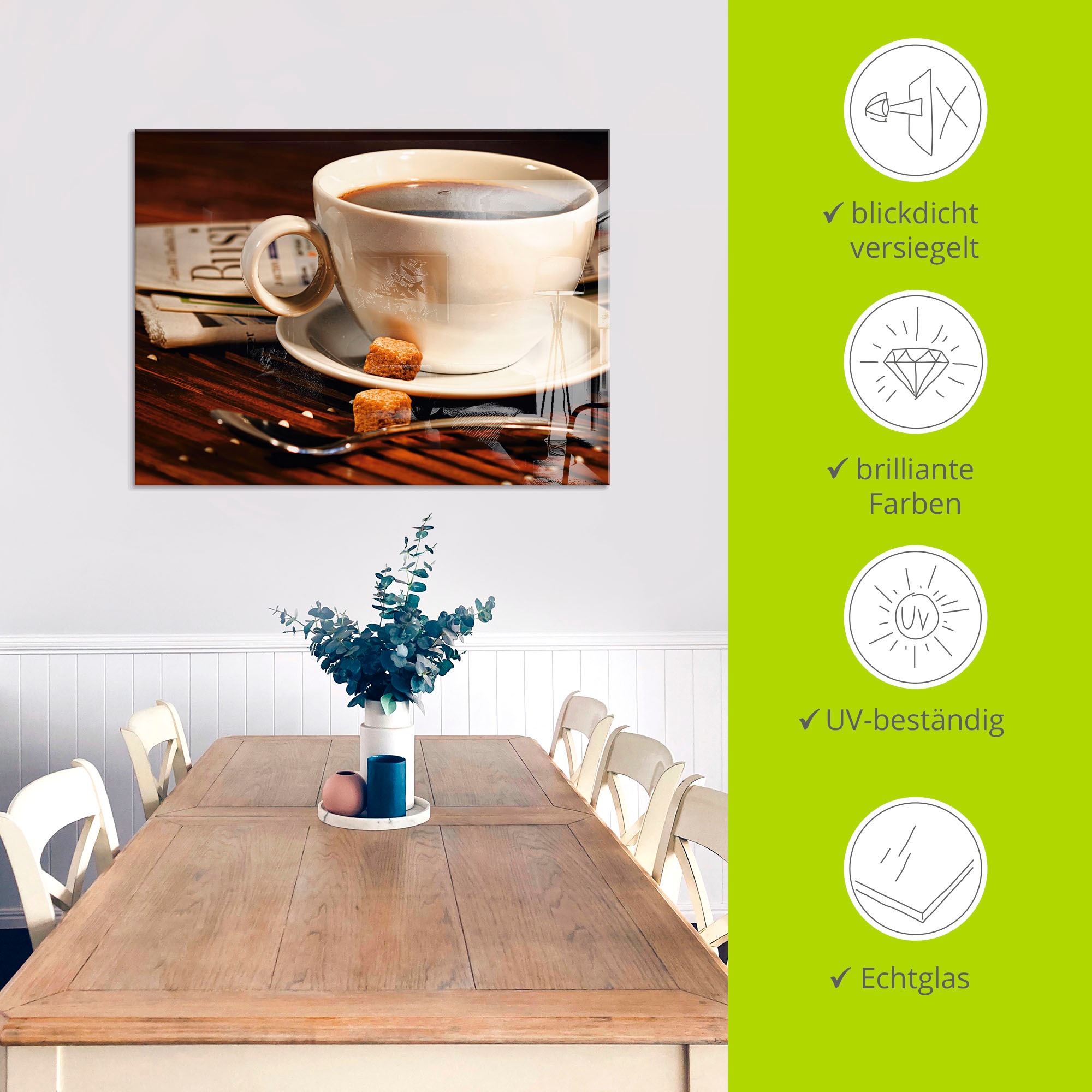 Artland Glasbild »Kaffeetasse und Zeitung«, Getränke, (1 St.), in verschiedenen Größen