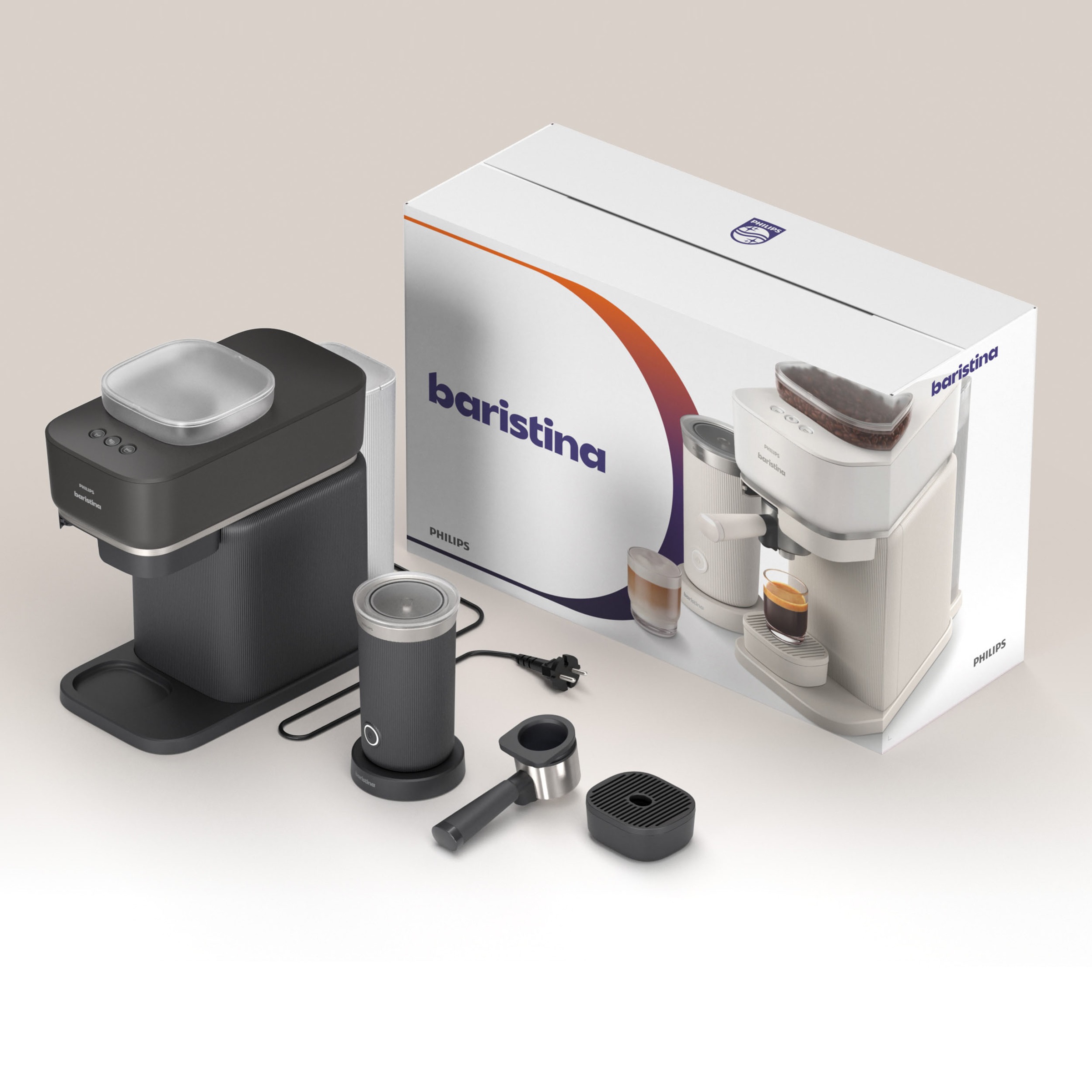 PHILIPS baristina Espressomaschine »BAR308/60 mit Mahlwerk für ganze Bohnen, Milchaufschäumer inkl.« 16 bar Pumpendruck, Schwarzgrau