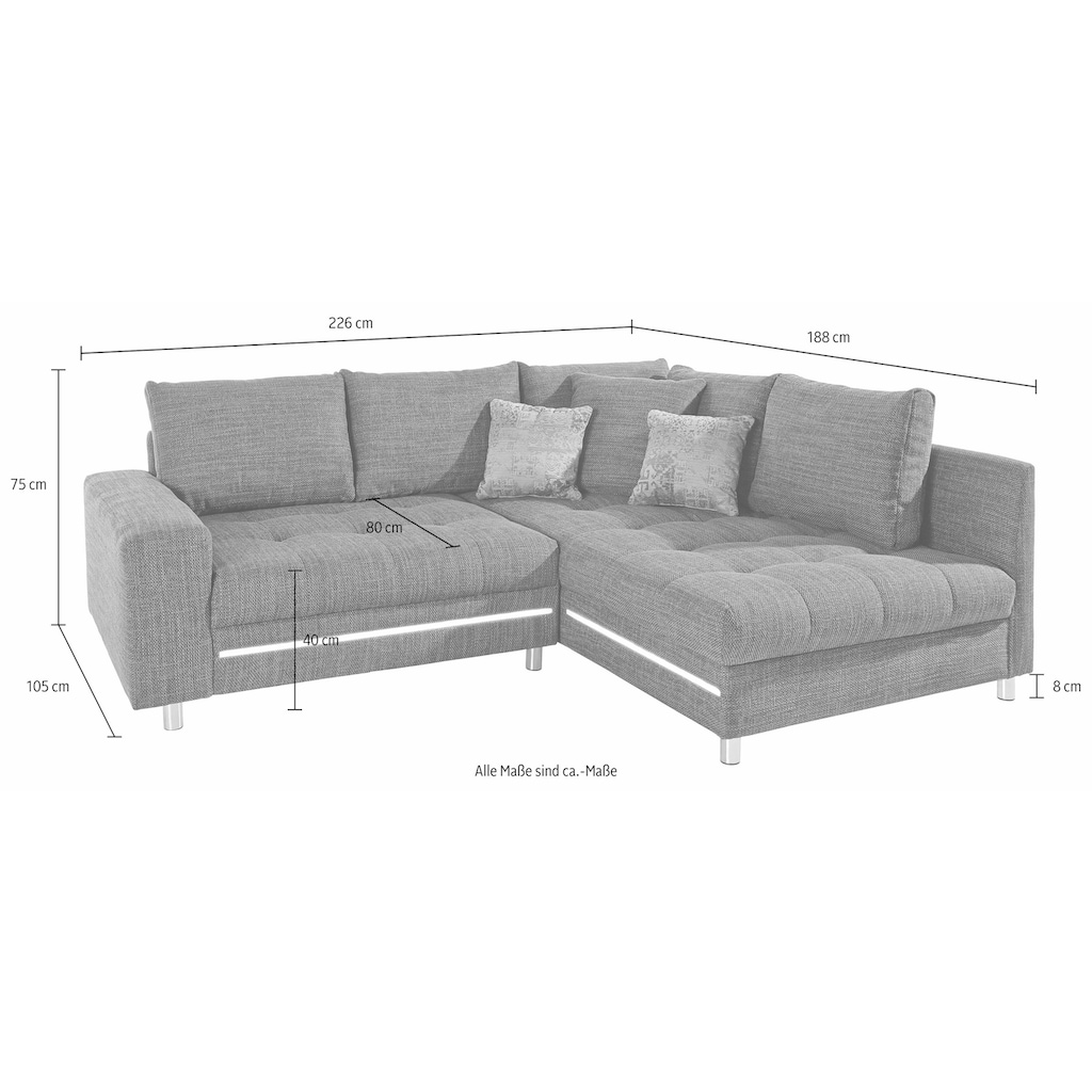 Mr. Couch Ecksofa »Tobi 3«, wahlweise mit Kaltschaum (140kg Belastung/Sitz), RGB-LED-Beleuchtung und Bettfunktion