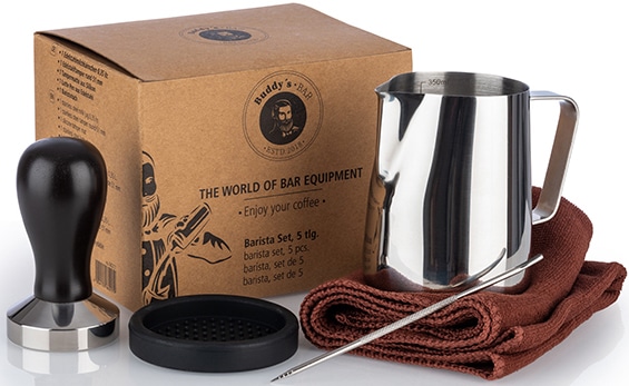 Buddy's Barista-Set »Buddy´s Bar - Barista Edition, Premium«, (Set, 5 tlg.), Milchkännchen 0,35 l, Kaffeestempel,Tamper, Kaffeenadel, Handtuch