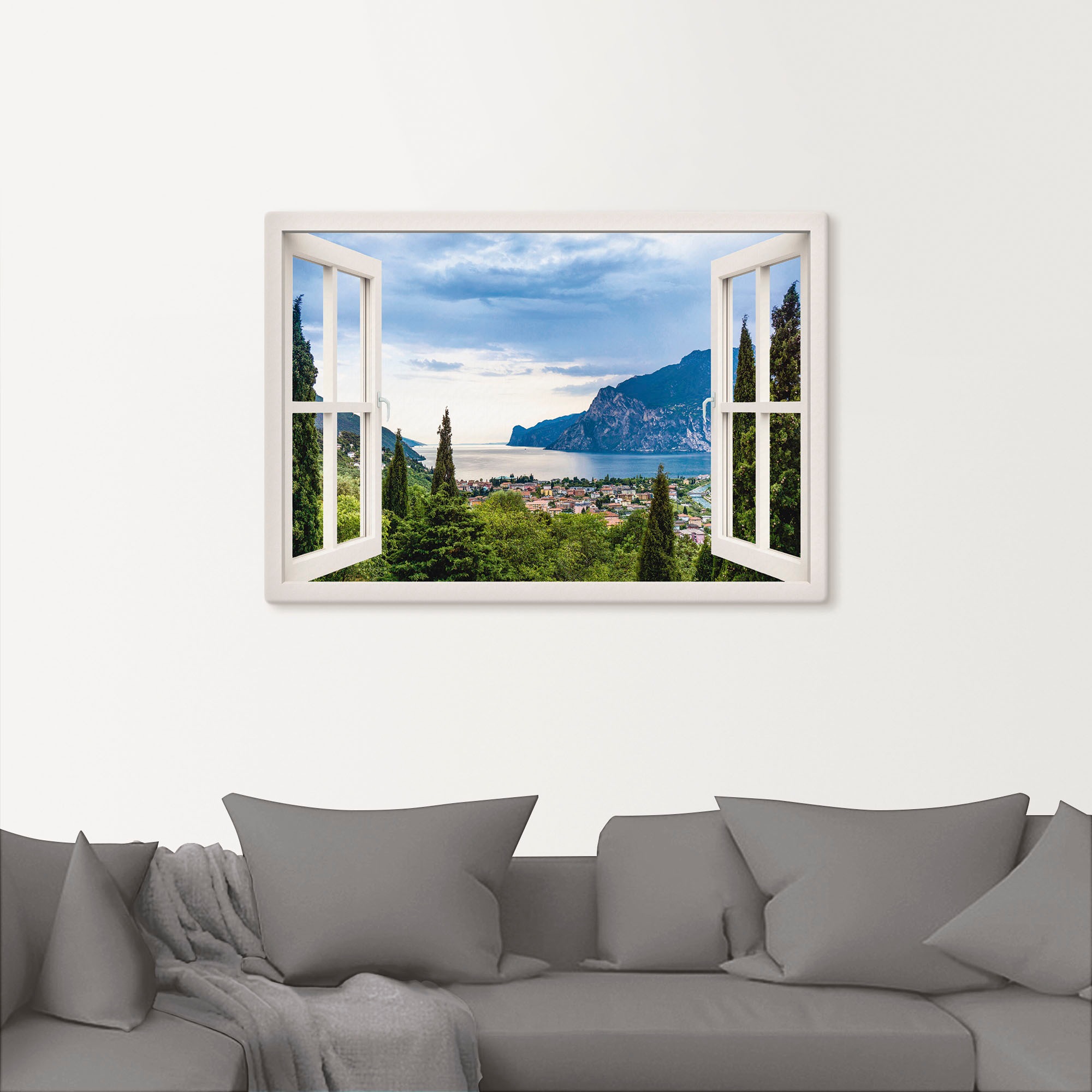 Artland Wandbild »Gardasee durchs weiße Fenster«, Seebilder, (1 St.), als Alubild, Outdoorbild, Leinwandbild, Poster, Wandaufkleber