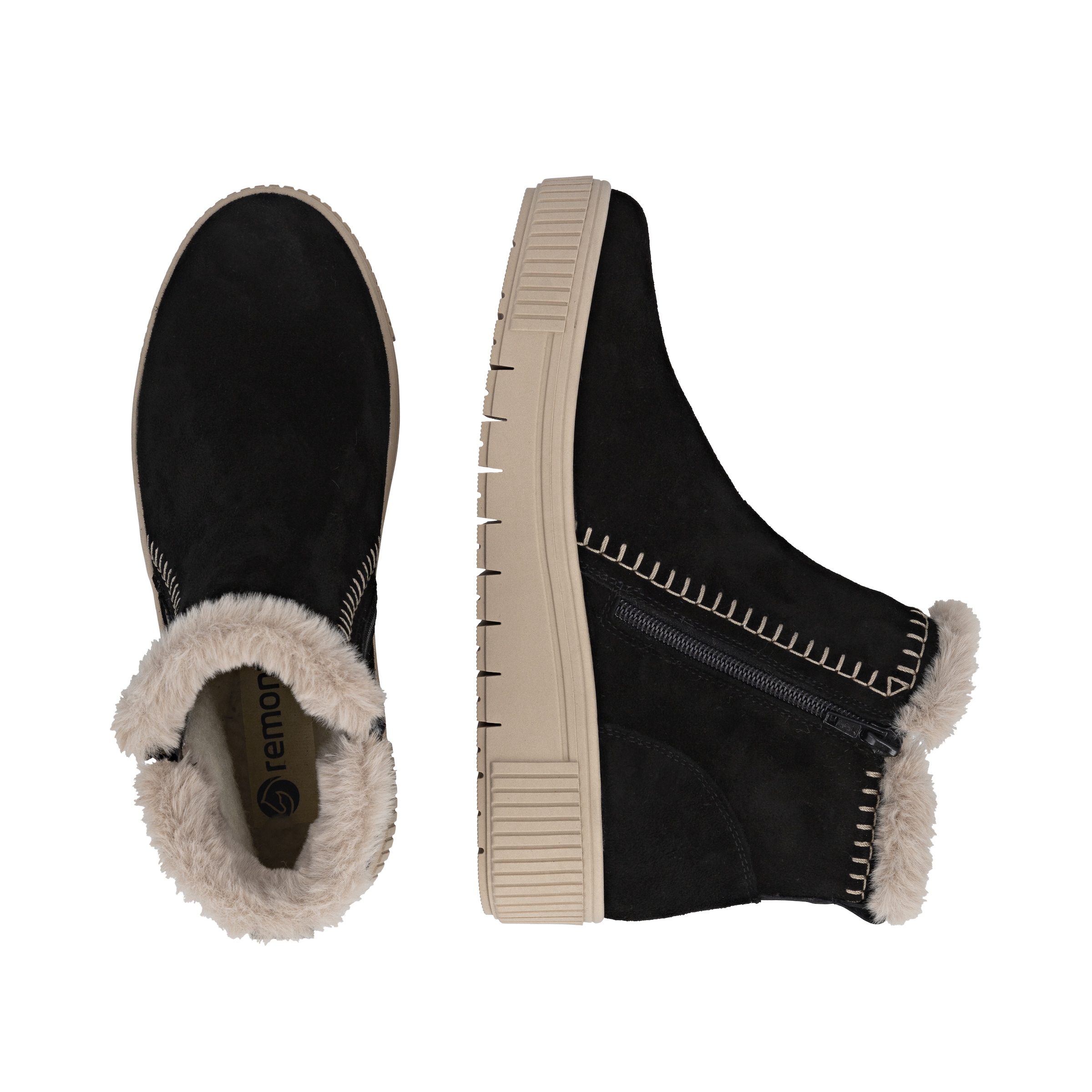 Remonte Winterboots »Elisabeth Hurley-Collection«, Winterstiefelette, Plateauboots mit Fellimitat-Besatz und Softfußbett