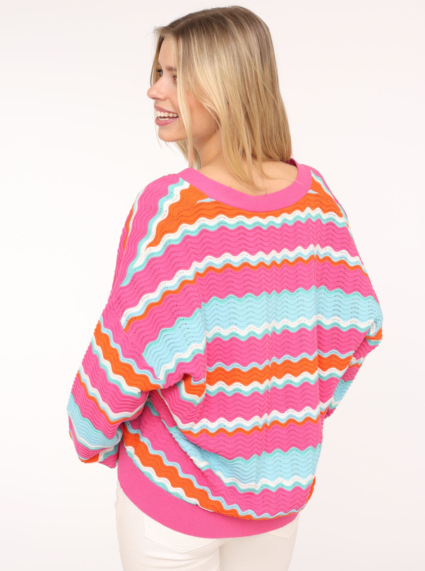 Zwillingsherz Strickjacke, Wellen-Muster, Langarm, V-Ausschnitt, Baumwolle, Knöpfe