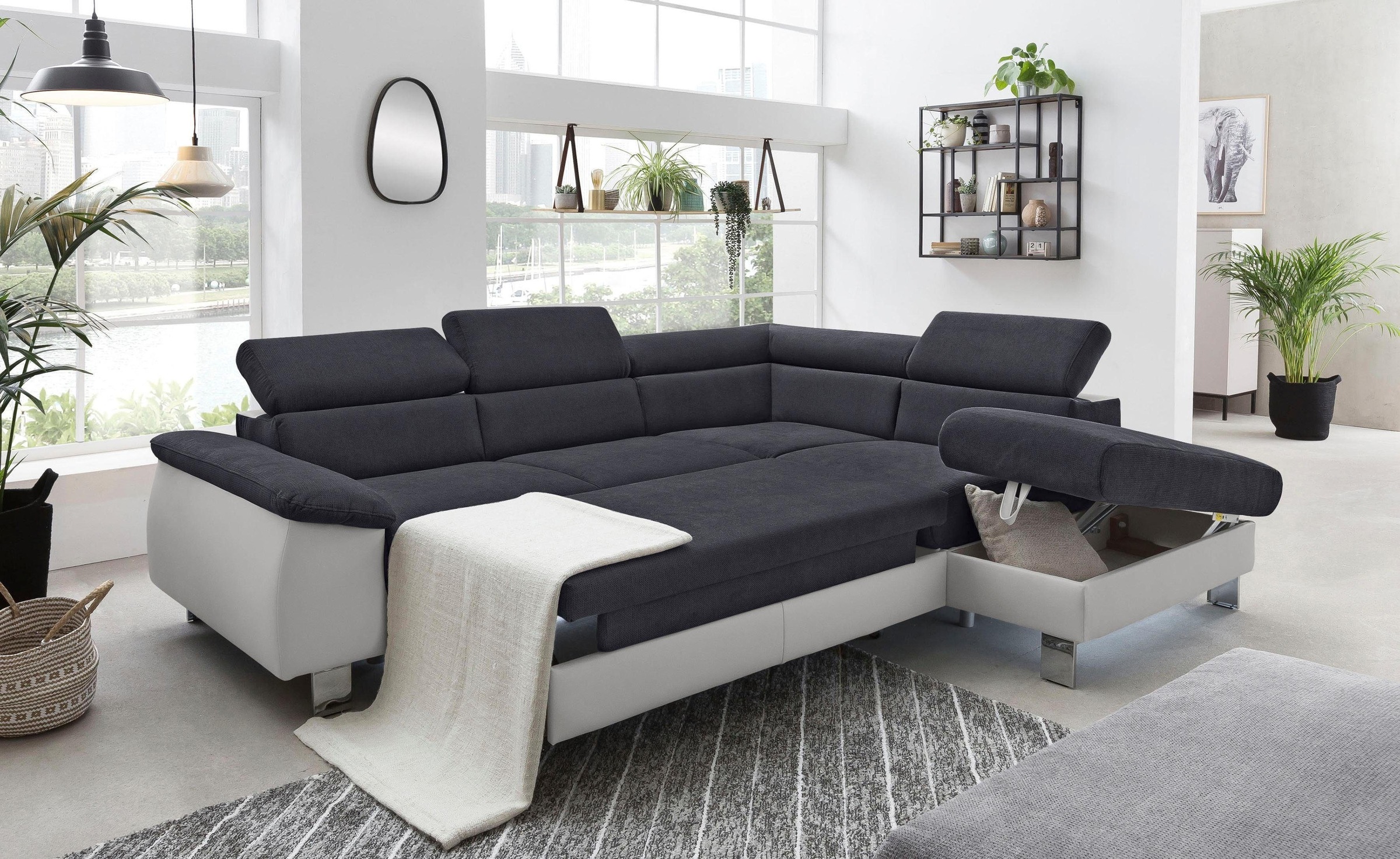 COTTA Polstergarnitur »Komaris«, (Set), Set: bestehend aus Ecksofa und Hocker, Kopfteilverstellung