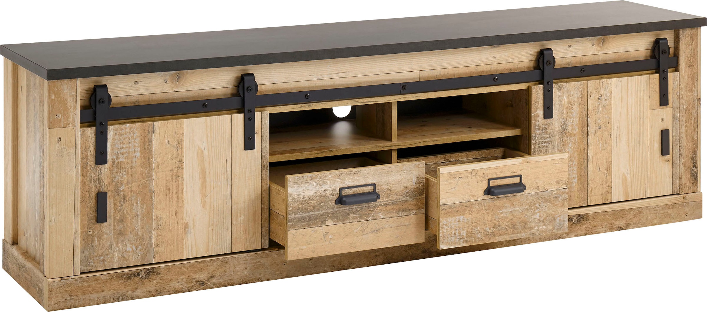 Home affaire Lowboard »SHERWOOD«, modernes Holz Dekor, mit Scheunentorbeschlag aus Metall, Breite 201 cm