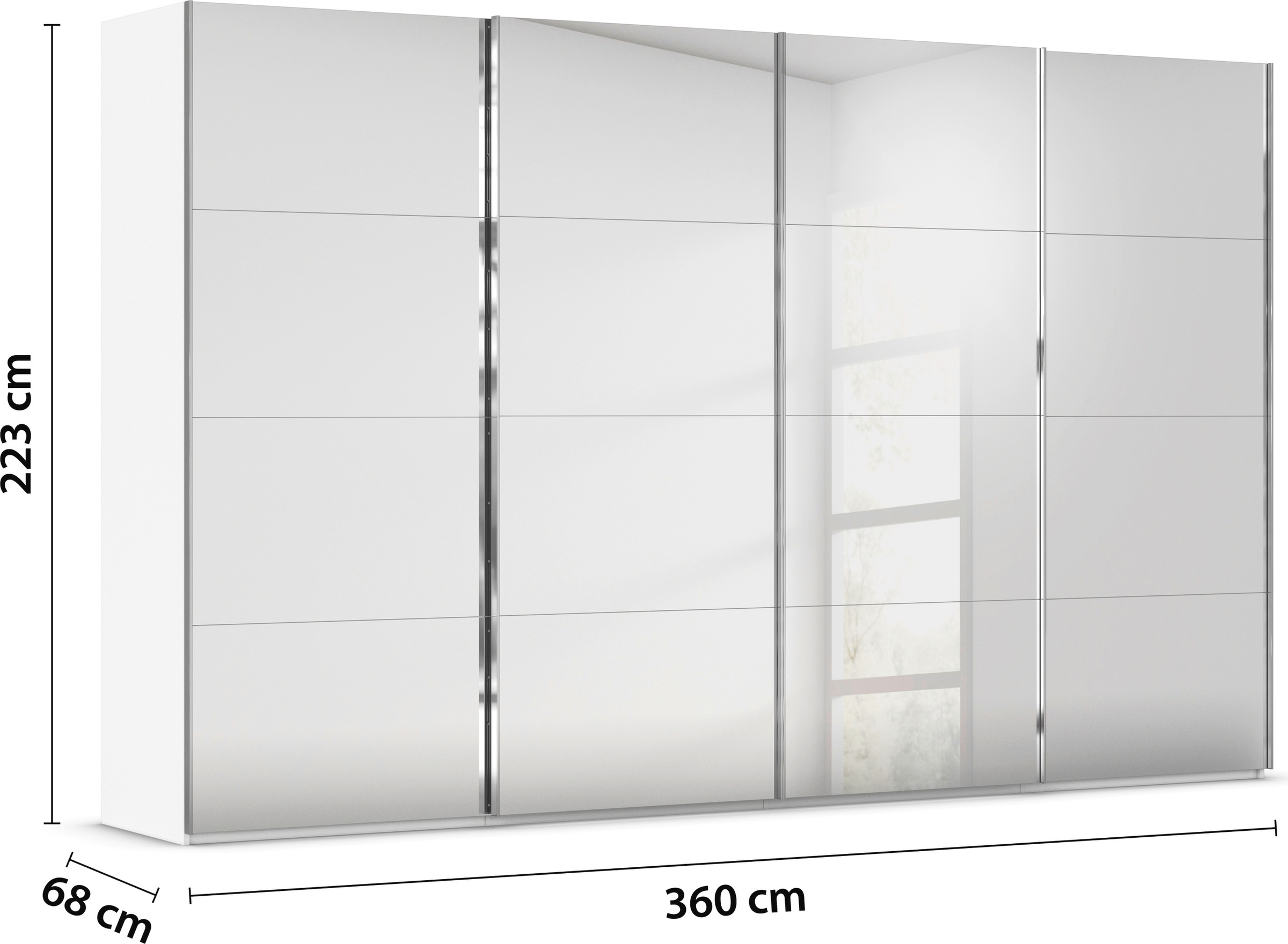 rauch Schwebetürenschrank »Kleiderschrank Schrank Garderobe Schlafzimmerschrank SCALE-FYRA«, edle viergeteilte Türen, Spiegelfront und viele Farben MADE IN GERMANY