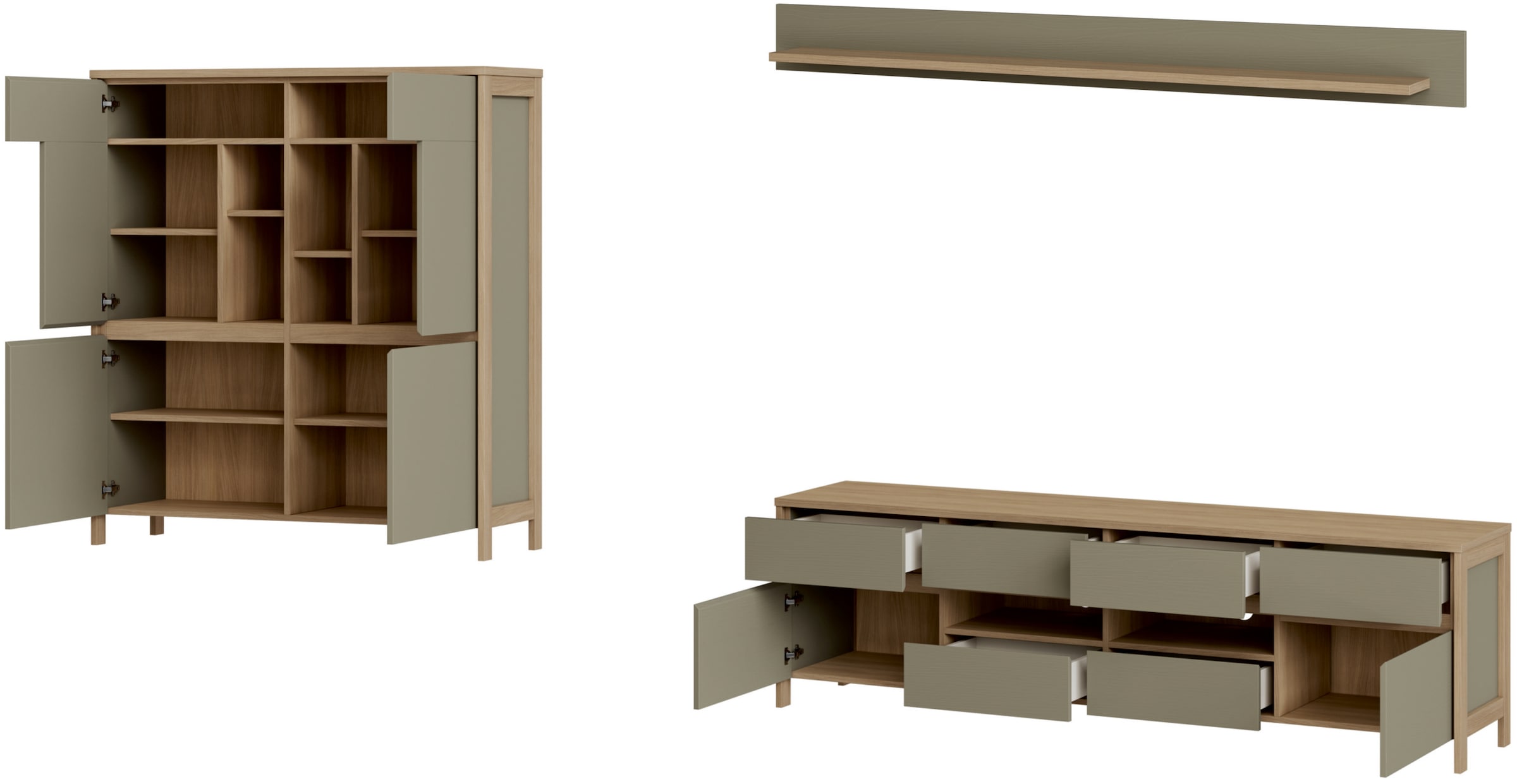 Home affaire Wohnwand »Stranda, moderne Anbauwand, Komplettset im Scandi-Style«, (3 St.), enthält Lowboard, Highboard und Wandboard, 324 cm breit